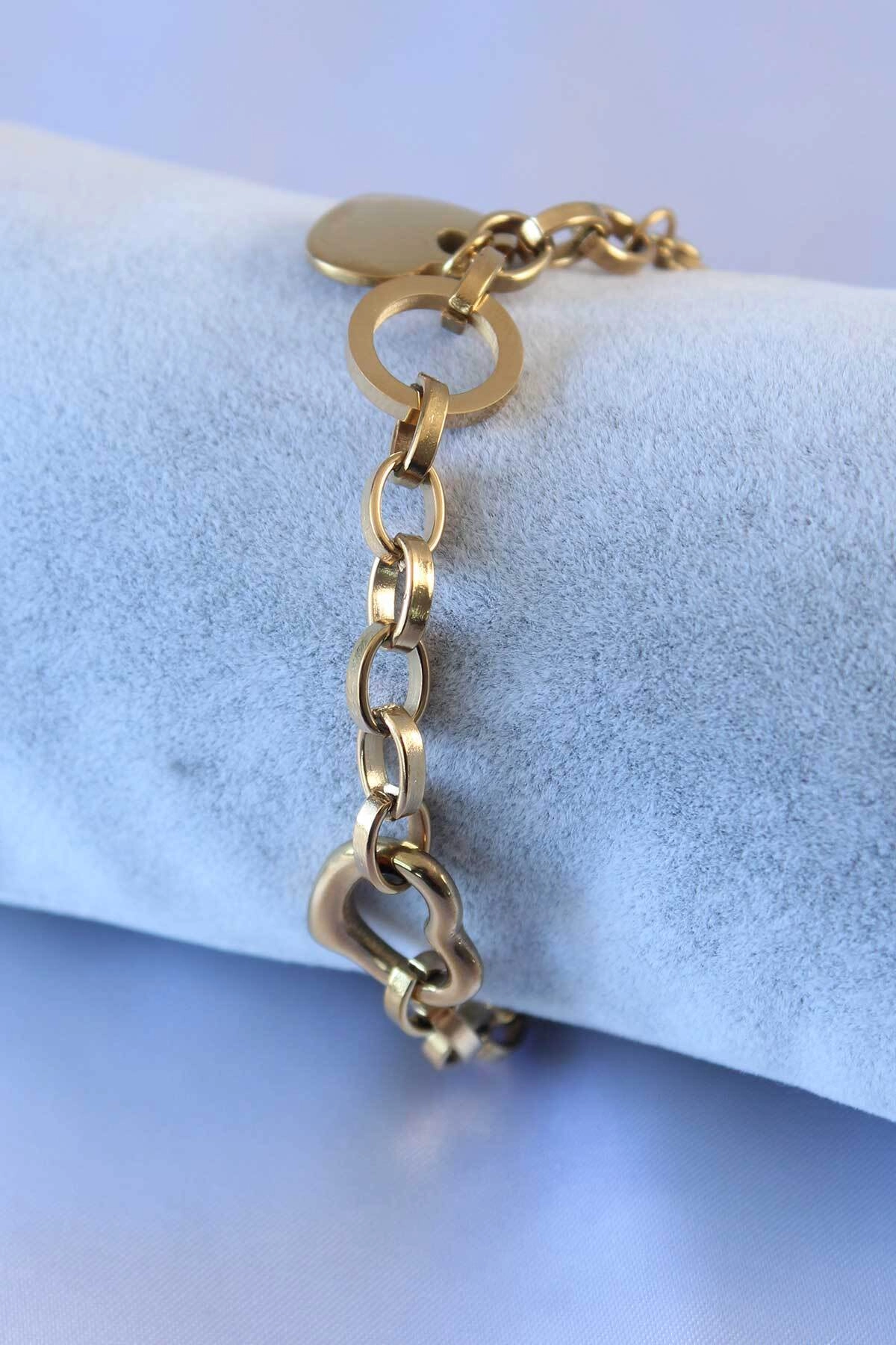 316L Çelik Gold Renk Kalp Figür Zincir Model Kadın Bileklik-1