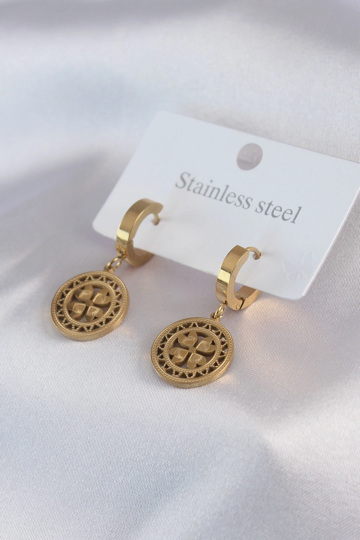 316L Çelik Gold Renk Kalp Model İşleme Detay Kadın Küpe-0