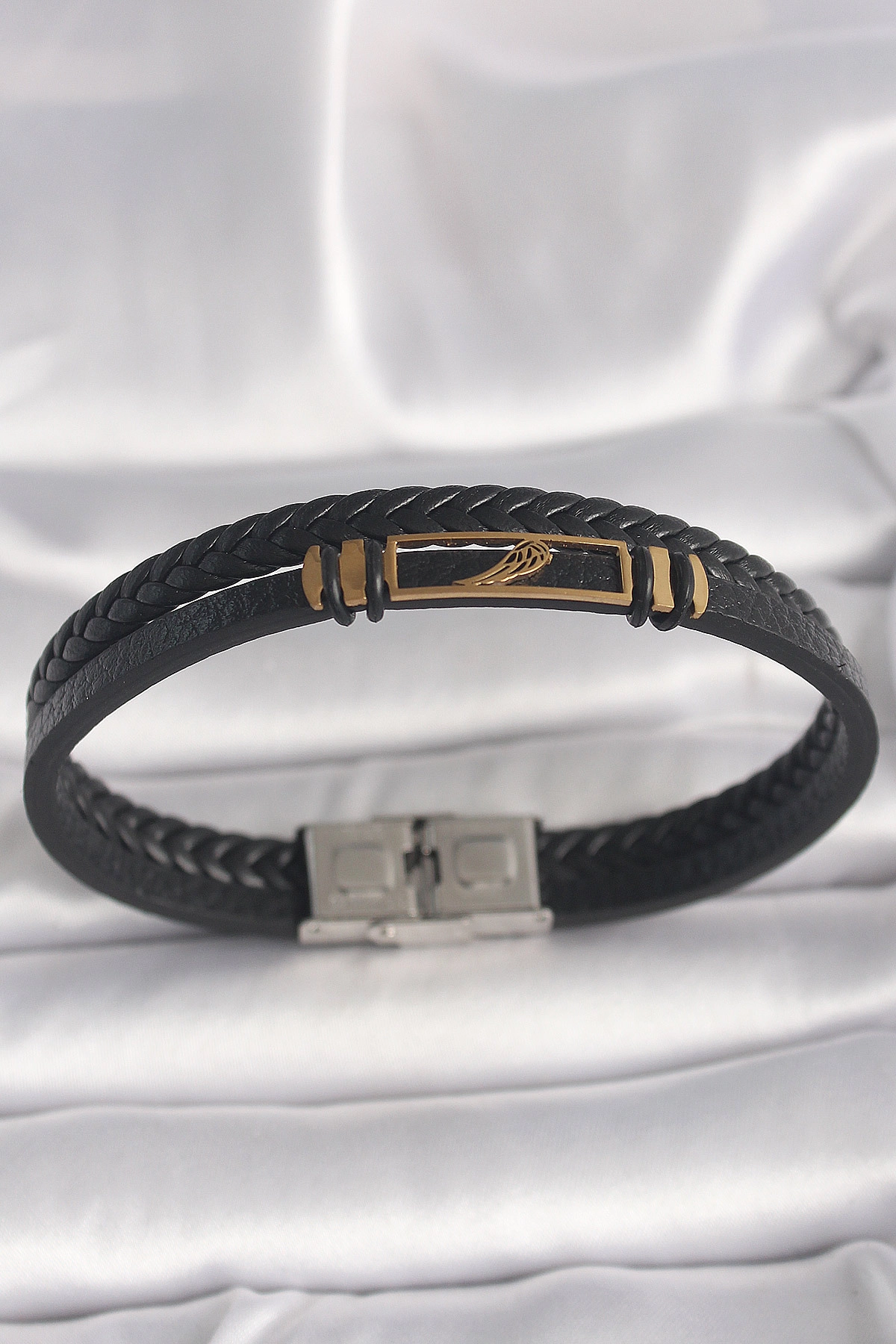 316L Çelik Gold Renk Kanat Aksesuarlı Siyah Burgu Model Deri Kordon Erkek Bileklik-0