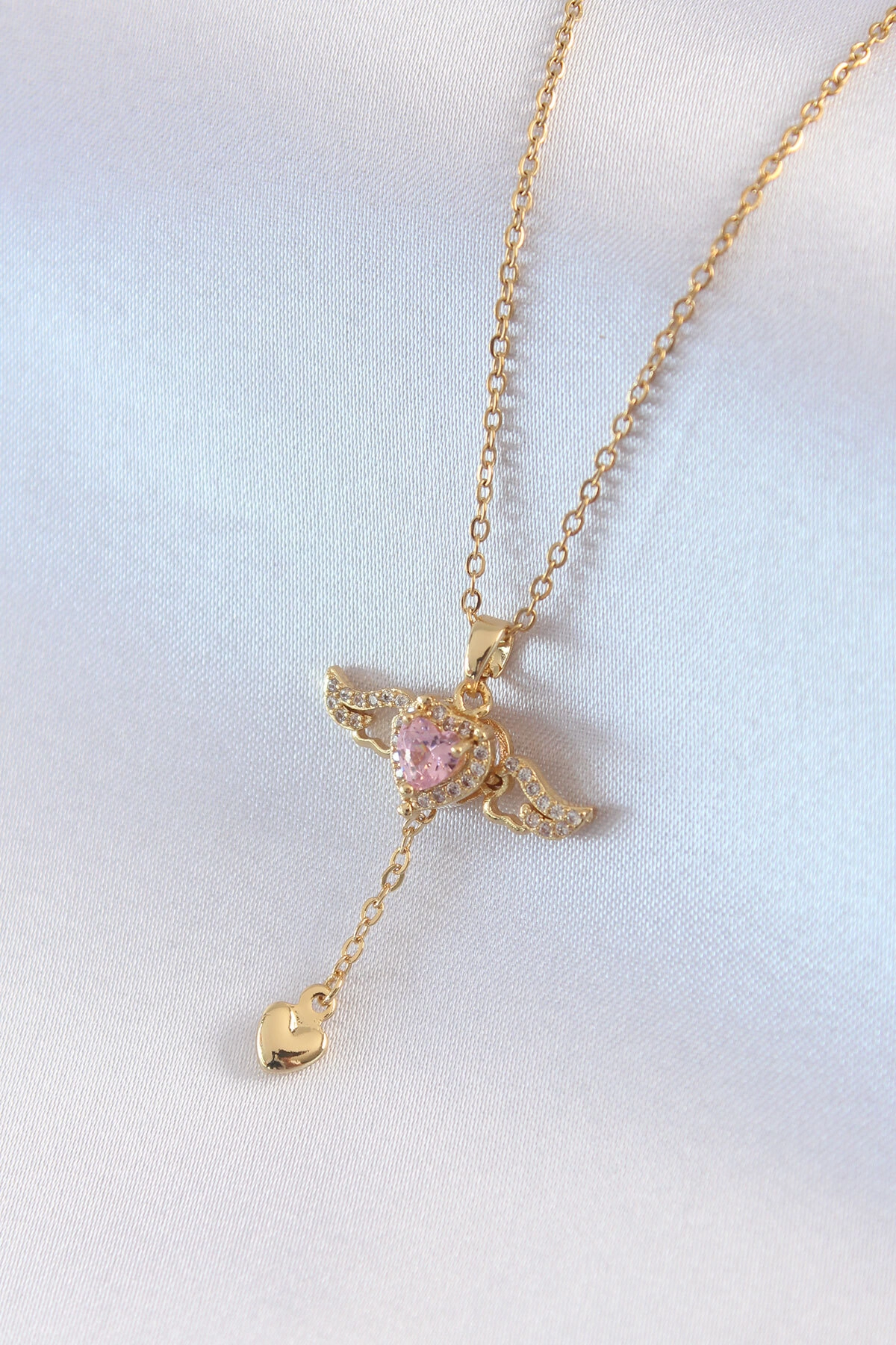 316L Çelik Gold Renk Kanatlı Kalp Model Zirkon Taş Detay Kadın Kolye-0