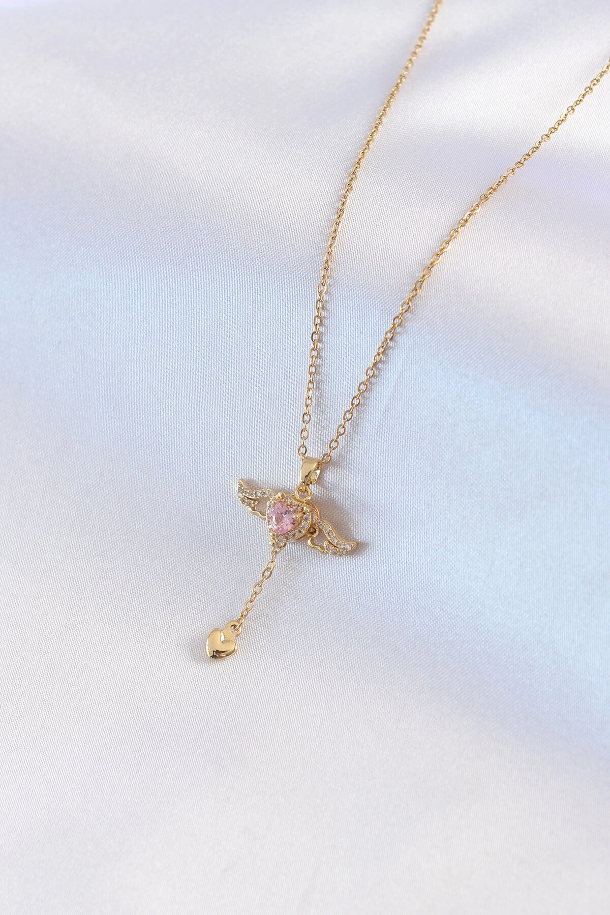 316L Çelik Gold Renk Kanatlı Kalp Model Zirkon Taş Detay Kadın Kolye-1