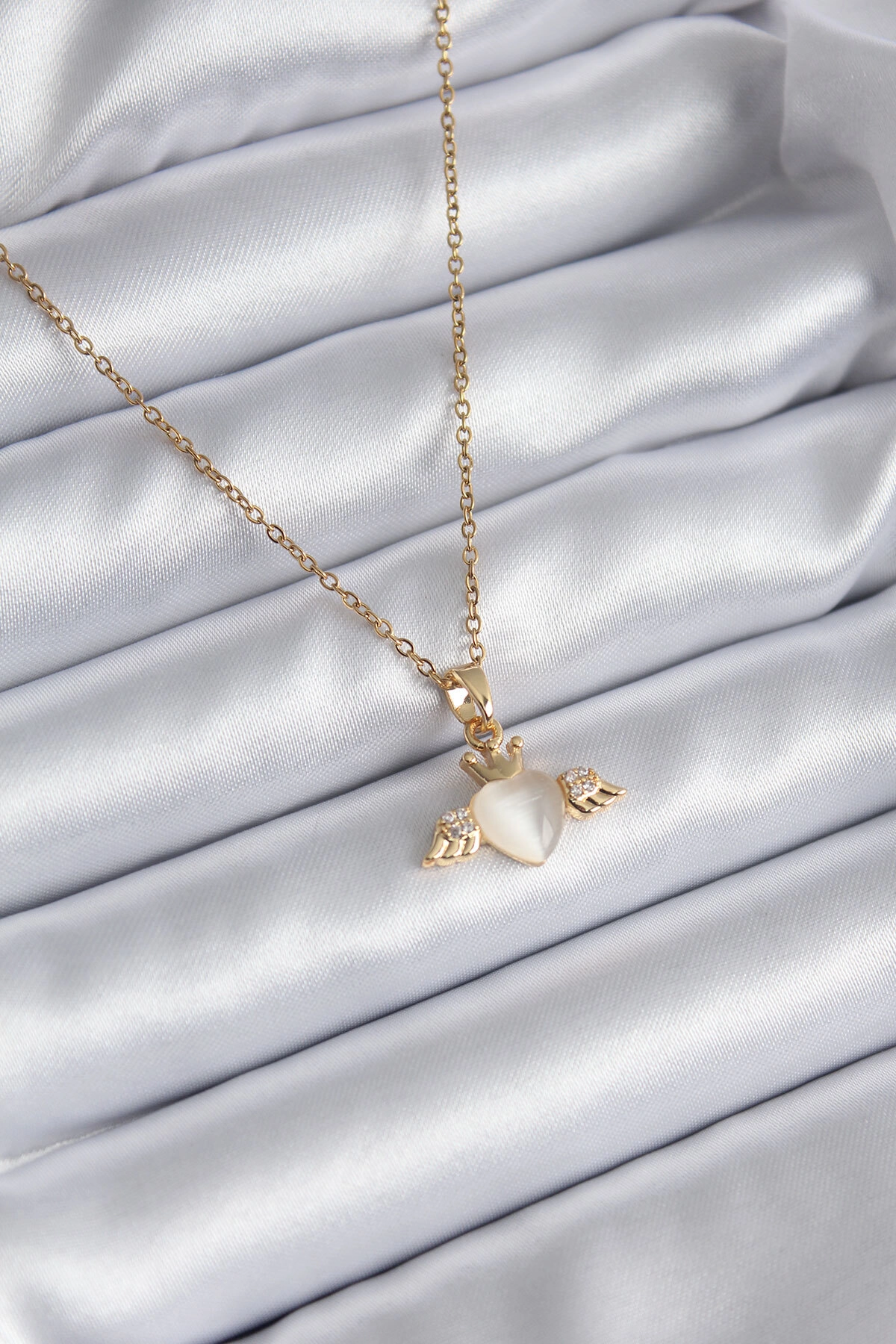 316L Çelik Gold Renk Kanatlı Kalp Model Zirkon Taşlı Kadın Kolye-0