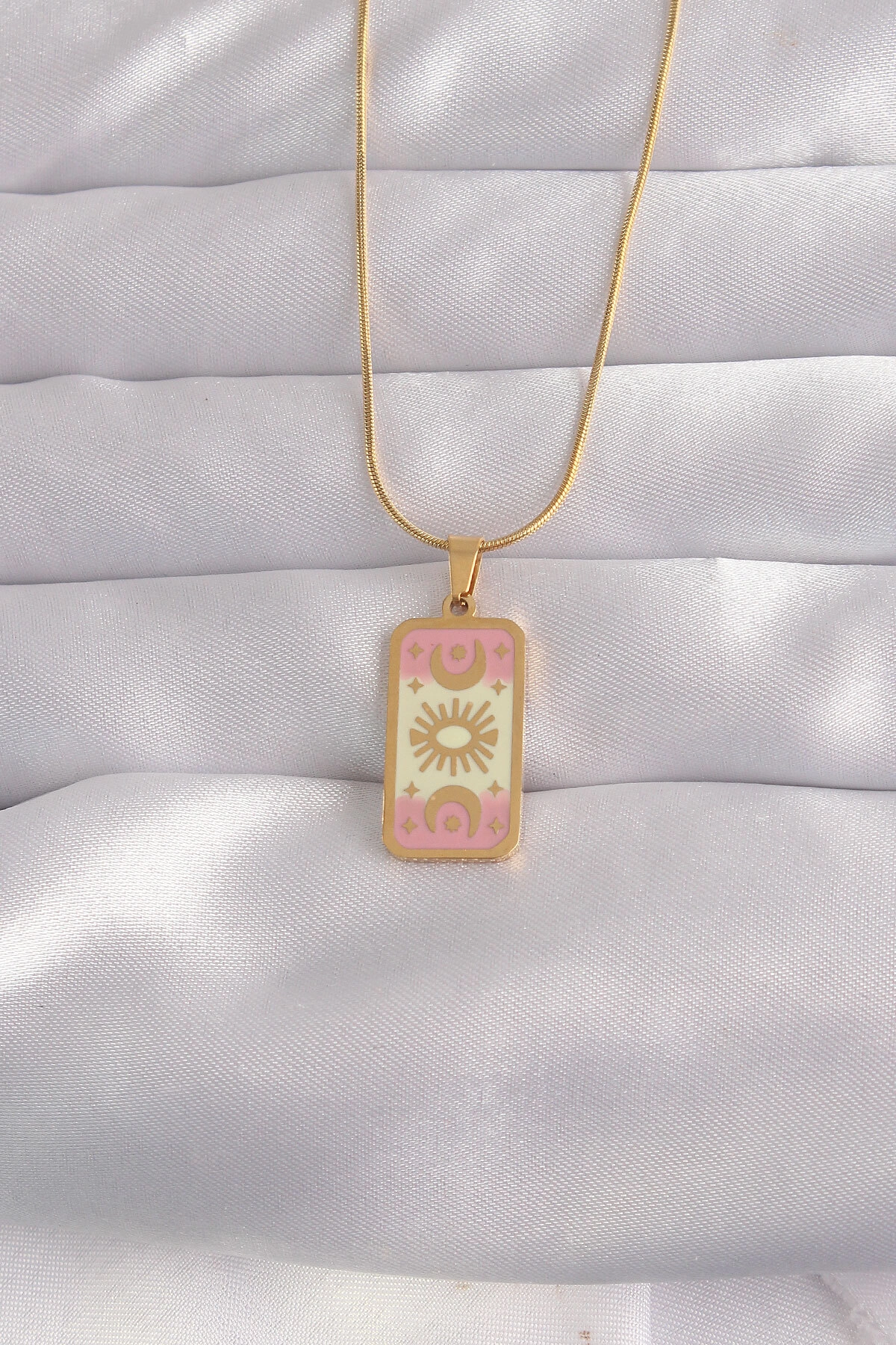 316L Çelik Gold Renk Karışık Mineli Ay Figür Tarot Kolye-0