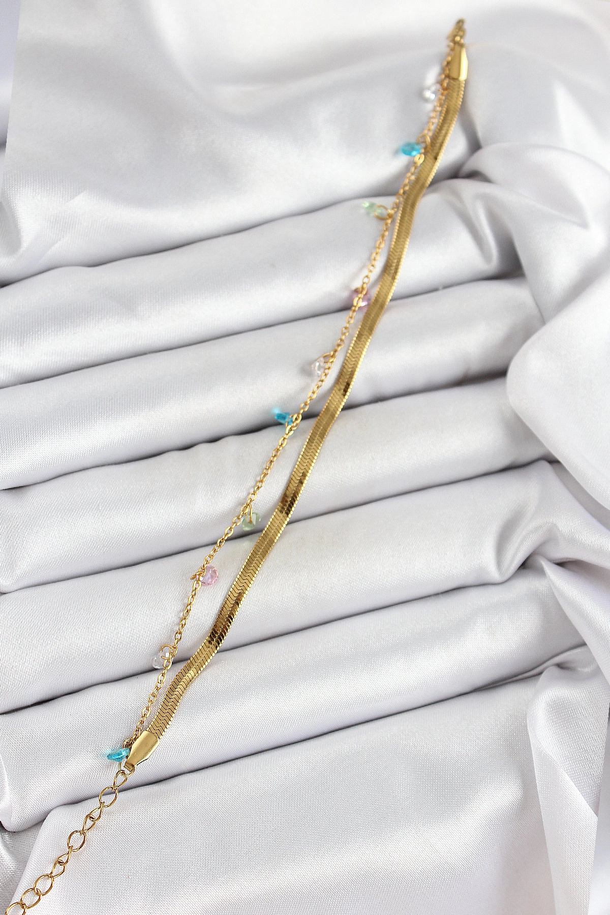 316L Çelik Gold Renk Karışık Renkli Kristal Taşlı 2'li Kadın Bileklik-0