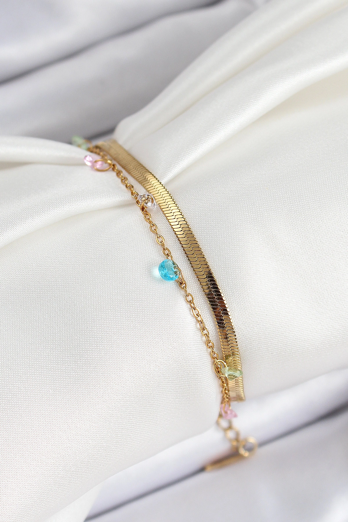 316L Çelik Gold Renk Karışık Renkli Kristal Taşlı 2'li Kadın Bileklik-1