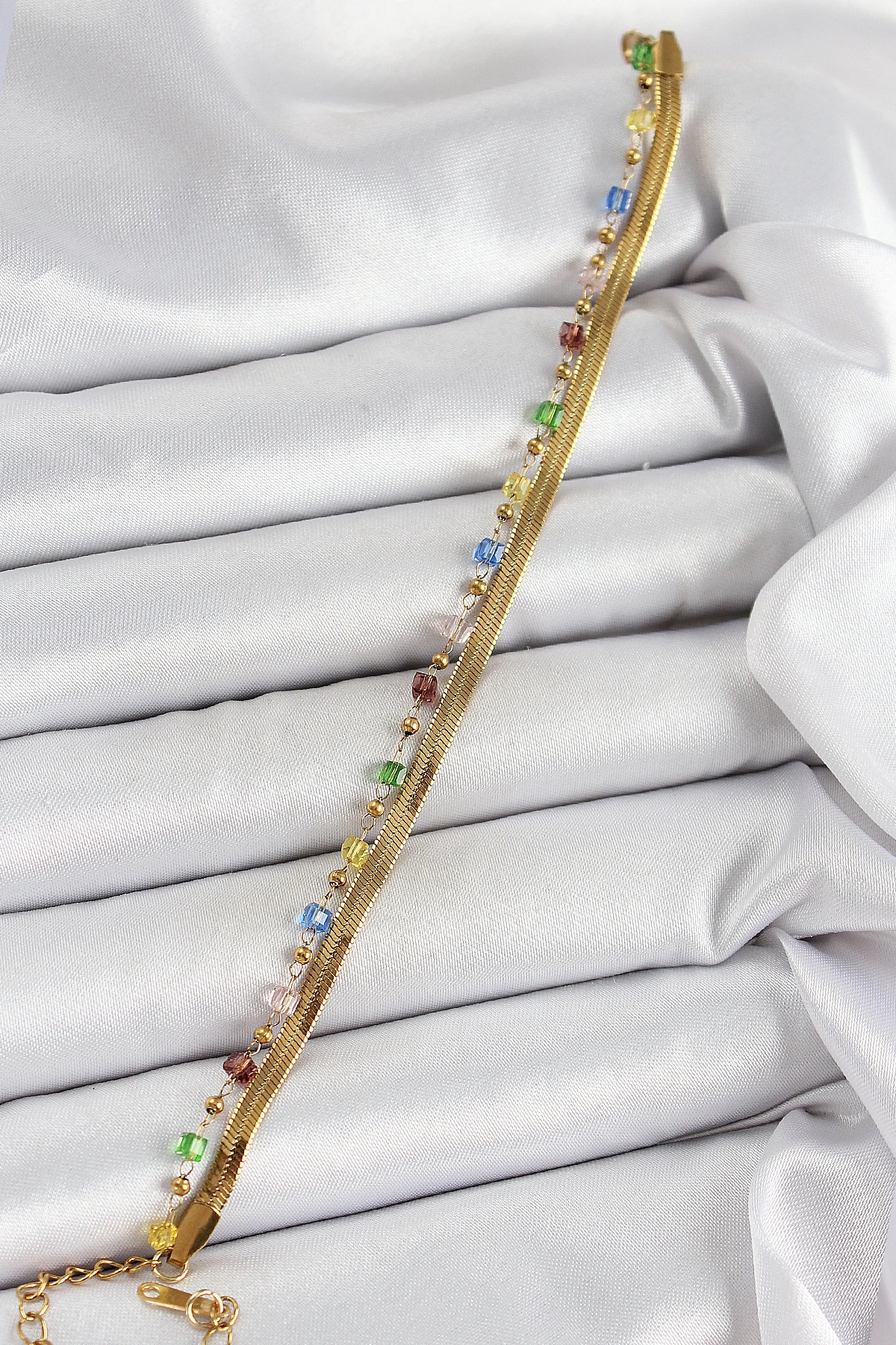 316L Çelik Gold Renk Karışık Renkli Kristal Taşlı Kadın Bileklik-0