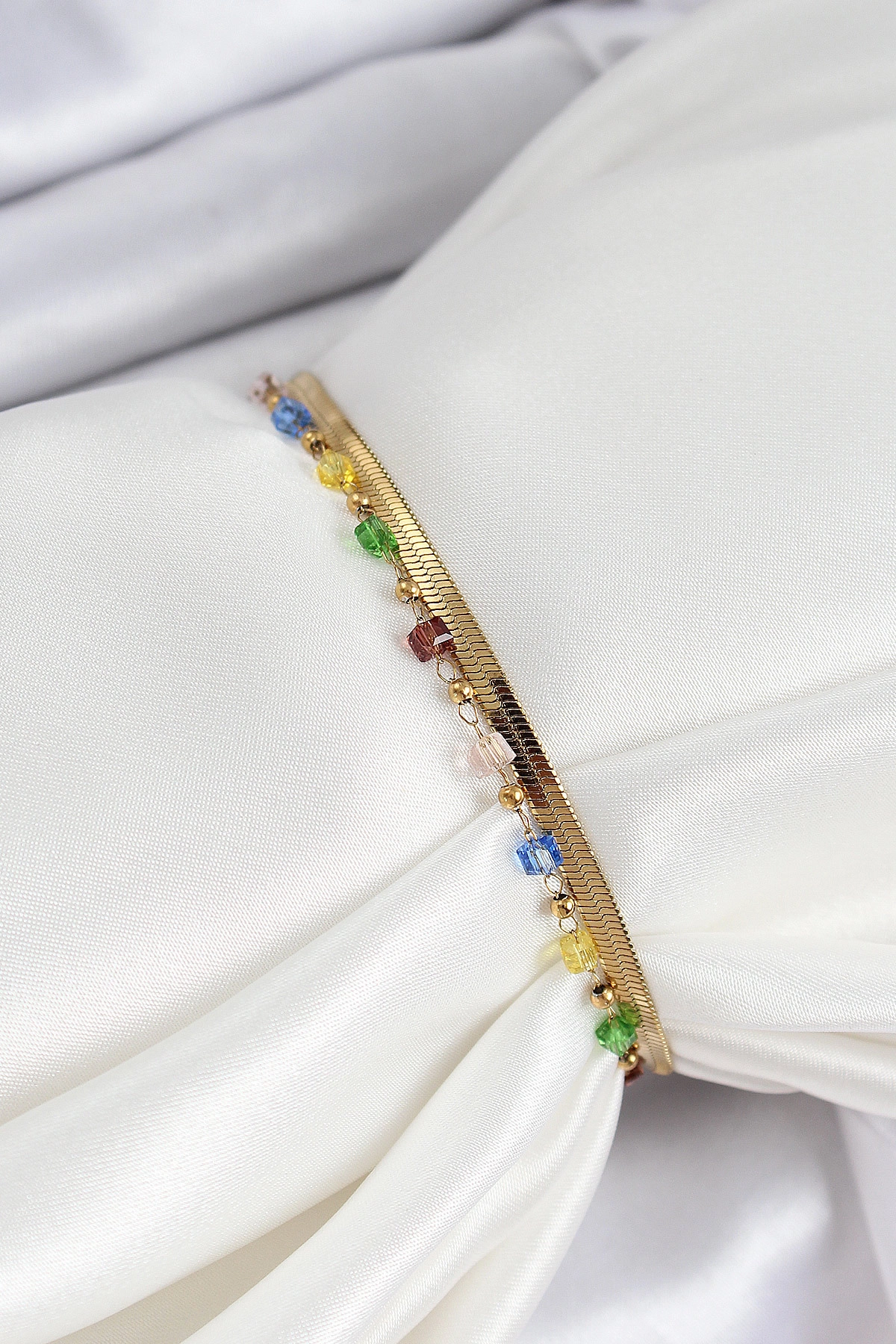 316L Çelik Gold Renk Karışık Renkli Kristal Taşlı Kadın Bileklik-1