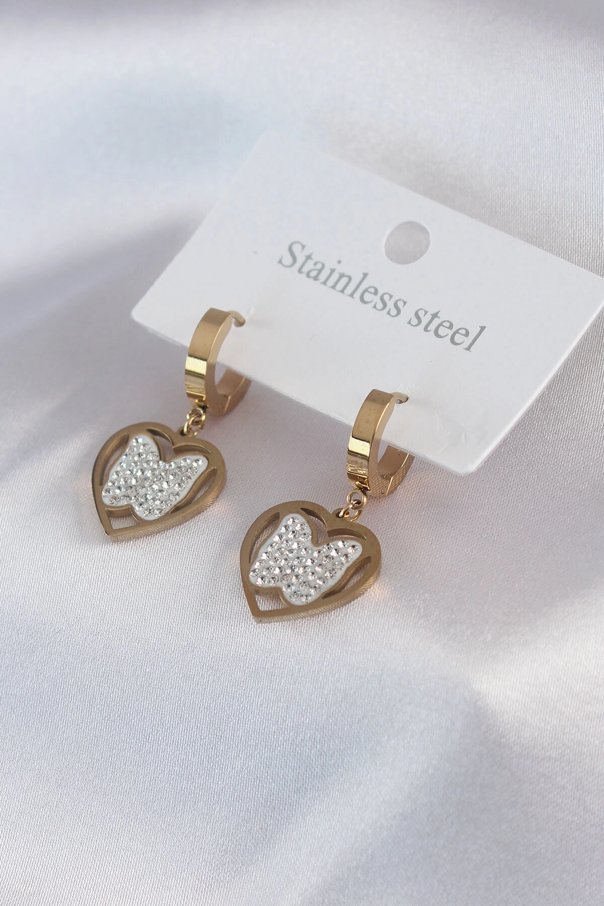 316L Çelik Gold Renk Kelebek Model Zirkon Taş Detay Kadın Küpe-0