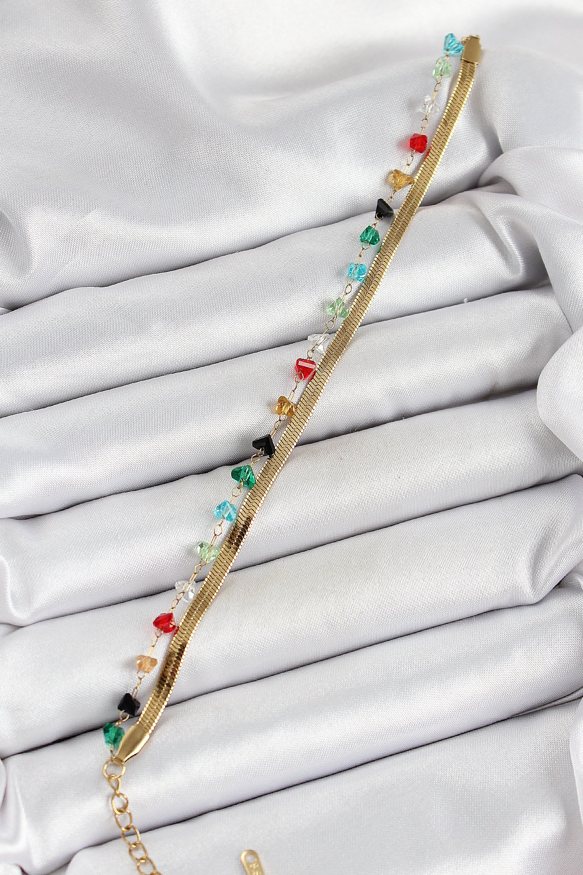 316L Çelik Gold Renk Kristal Karışık Renkli Taşlı 2'li Kadın Bileklik-0