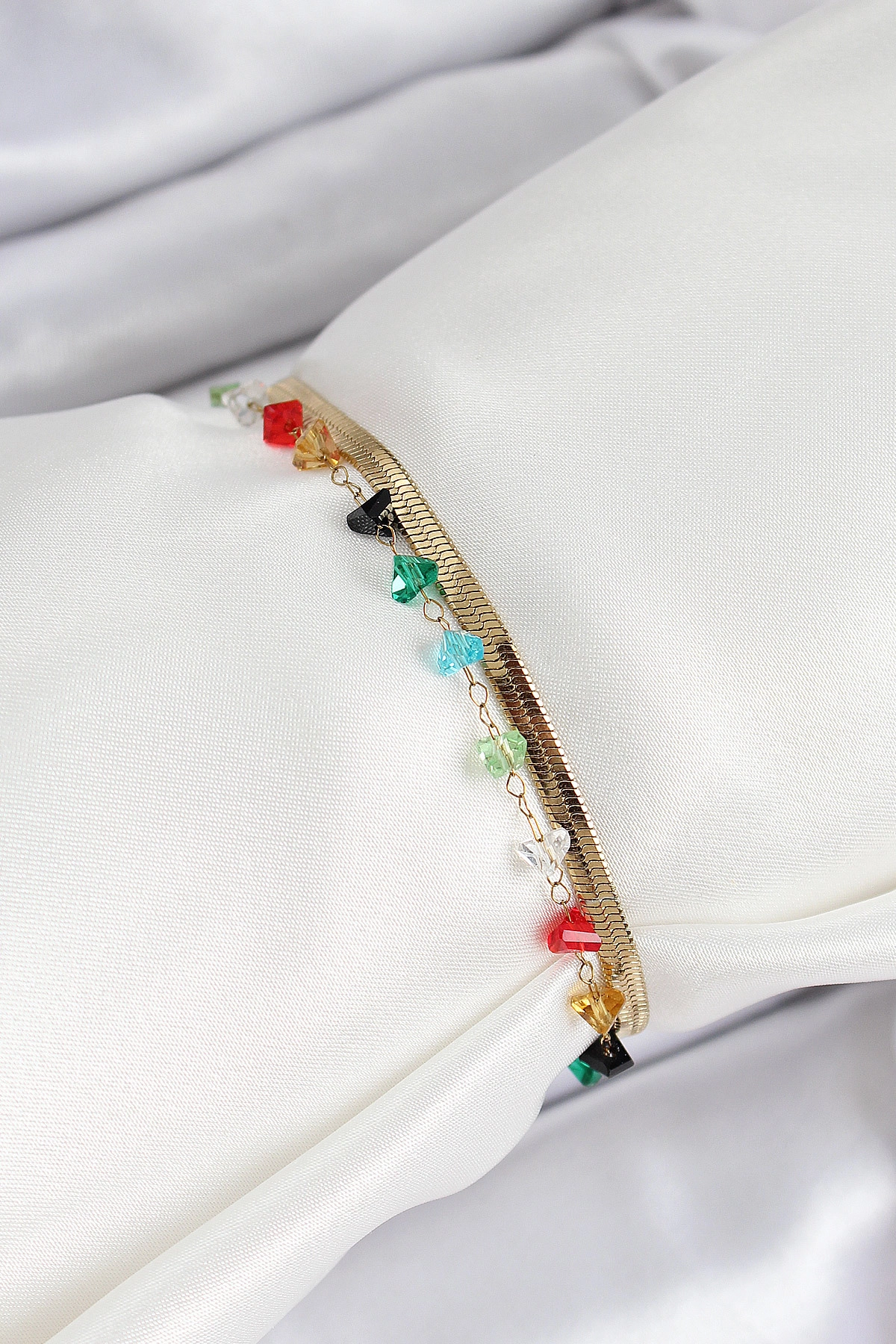 316L Çelik Gold Renk Kristal Karışık Renkli Taşlı 2'li Kadın Bileklik-1