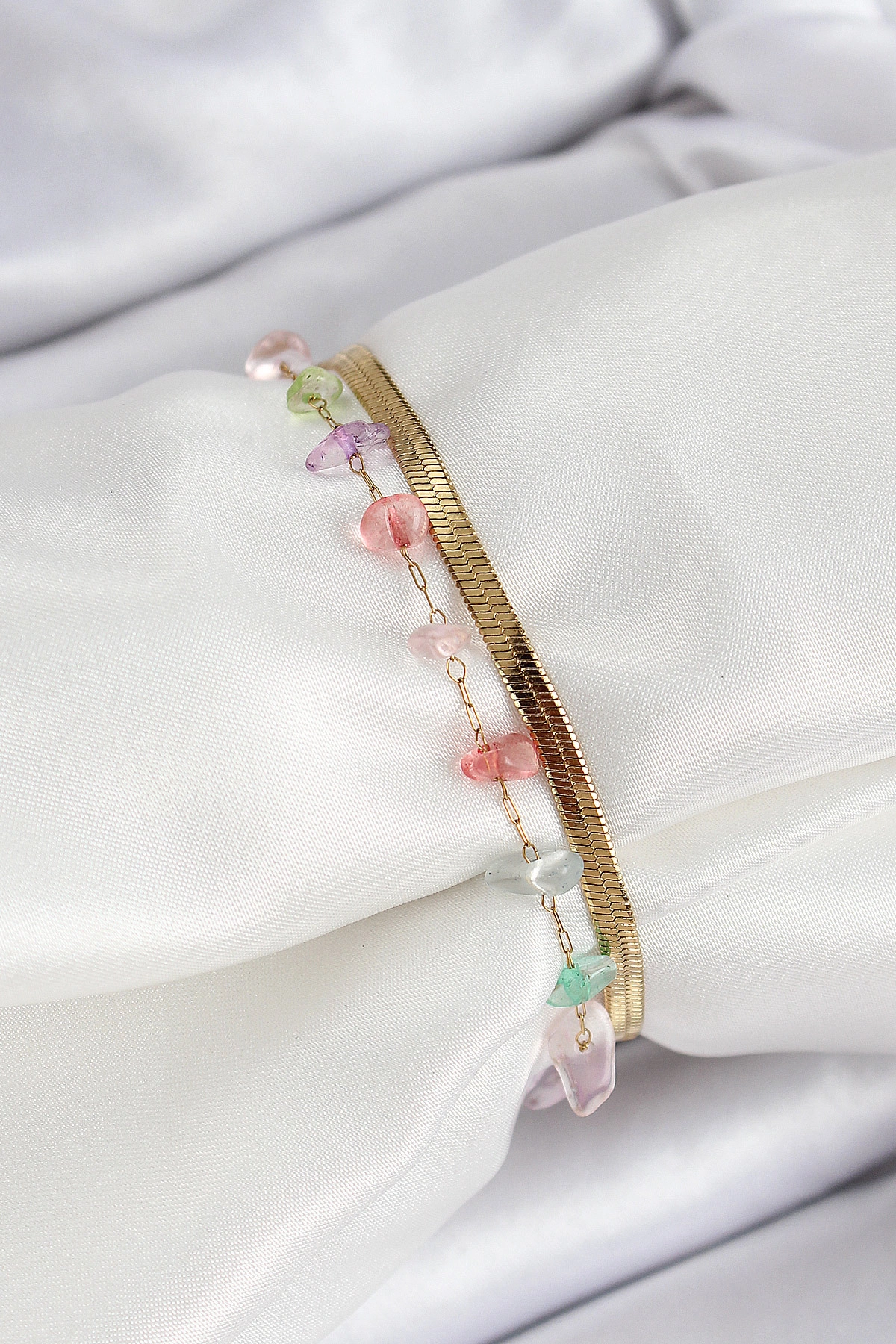 316L Çelik Gold Renk Kristal Karışık Renkli Taşlı Kadın Bileklik-1