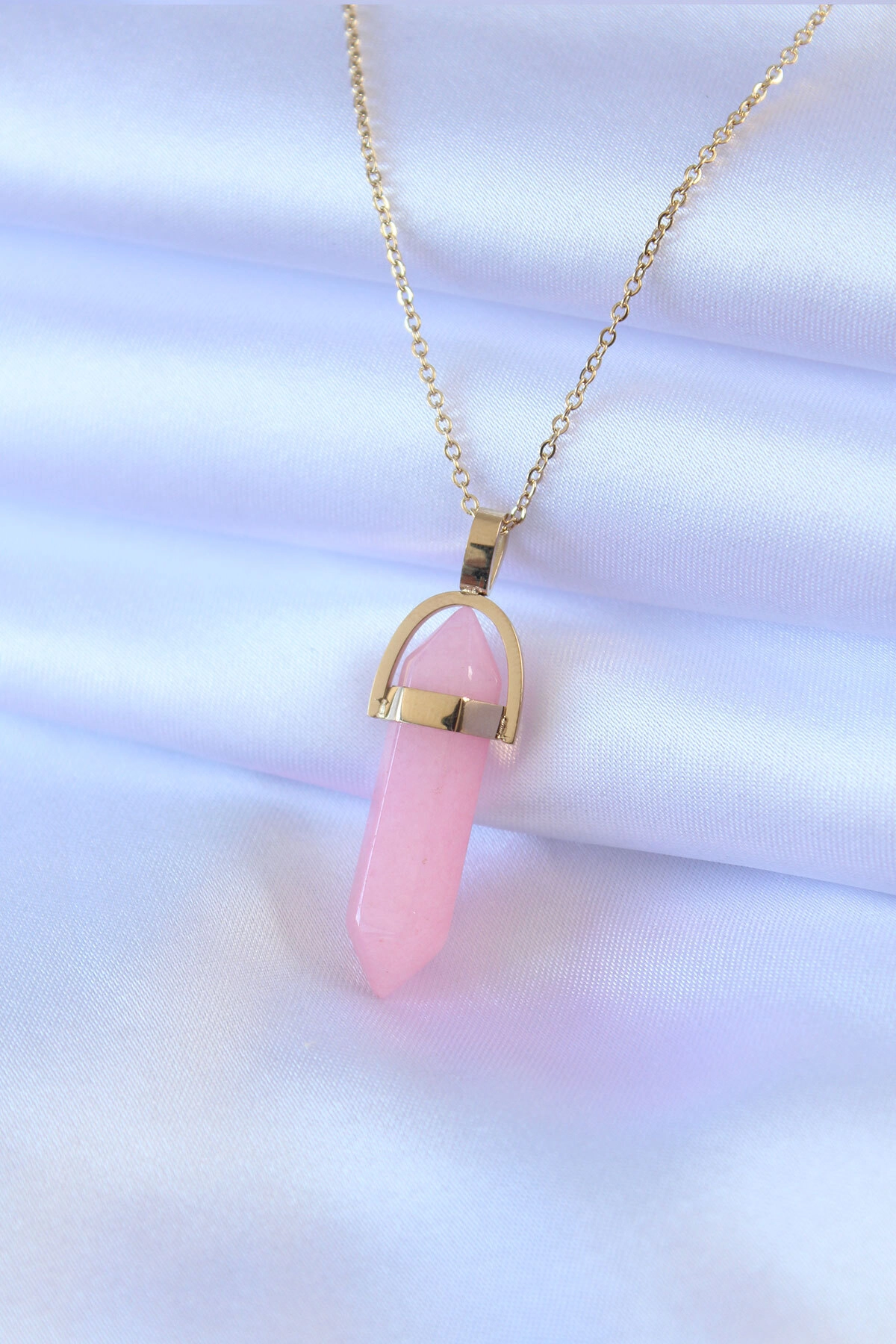 316L Çelik Gold Renk Kristal Pembe Taş Model Kadın kolye-0