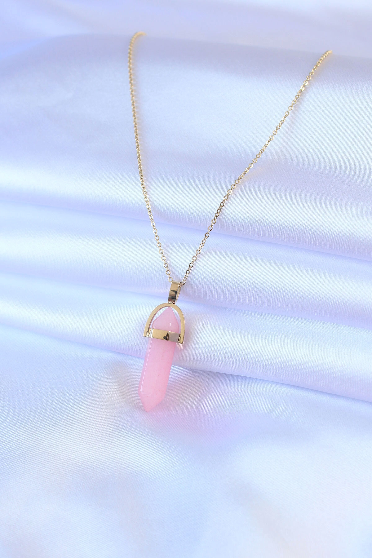 316L Çelik Gold Renk Kristal Pembe Taş Model Kadın kolye-1