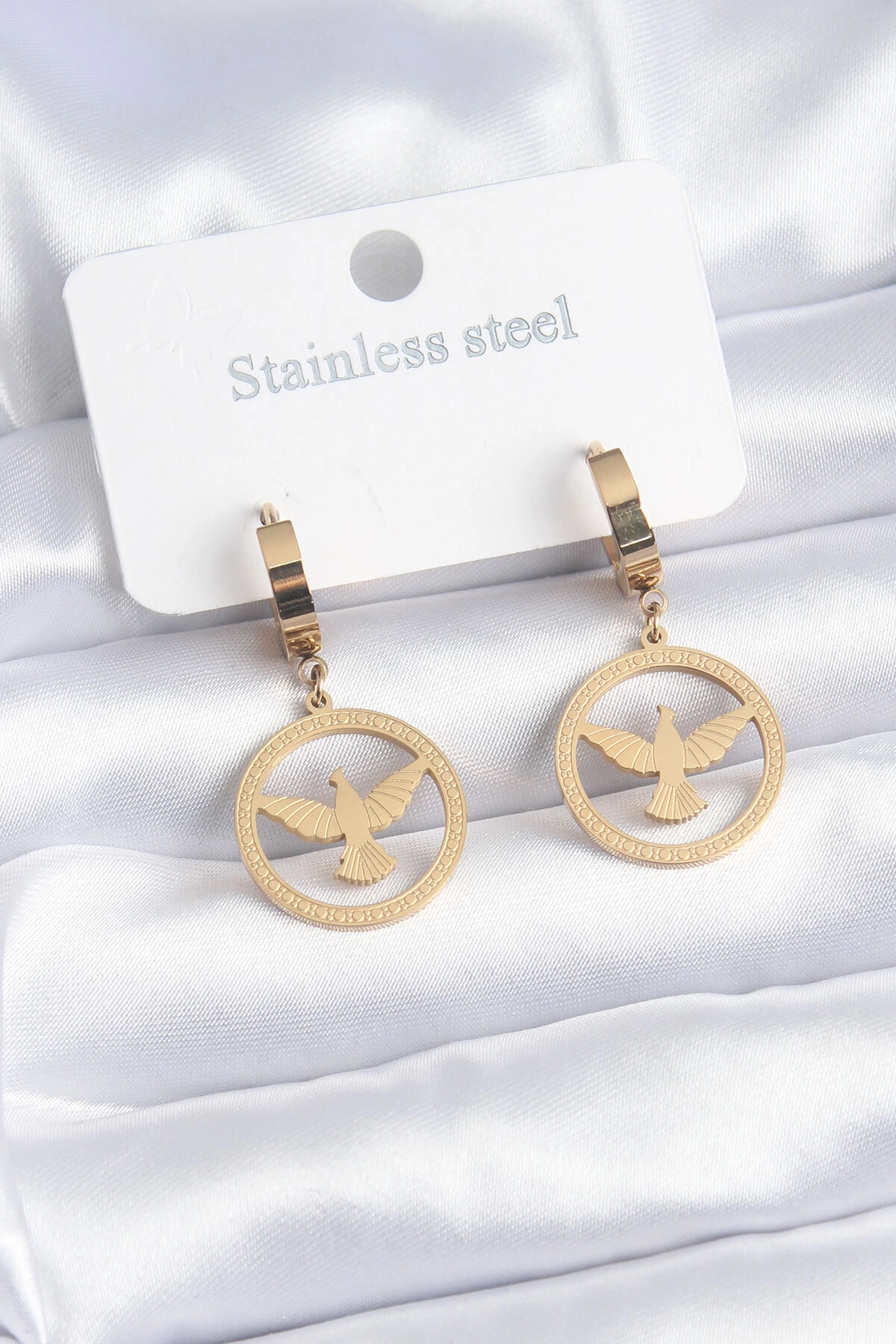 316L Çelik Gold Renk Kuş Model İşleme Detay Kadın Küpe-0