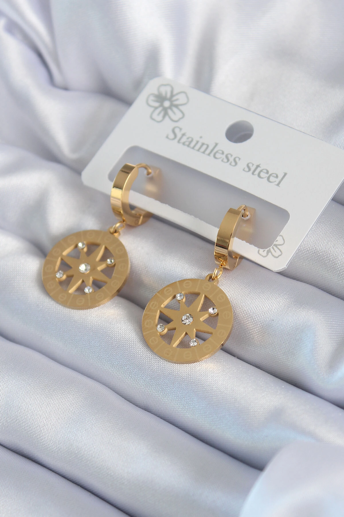 316L Çelik Gold Renk Kutup Yıldızı Model İşleme Detay Zirkon Taşlı Kadın Küpe-0