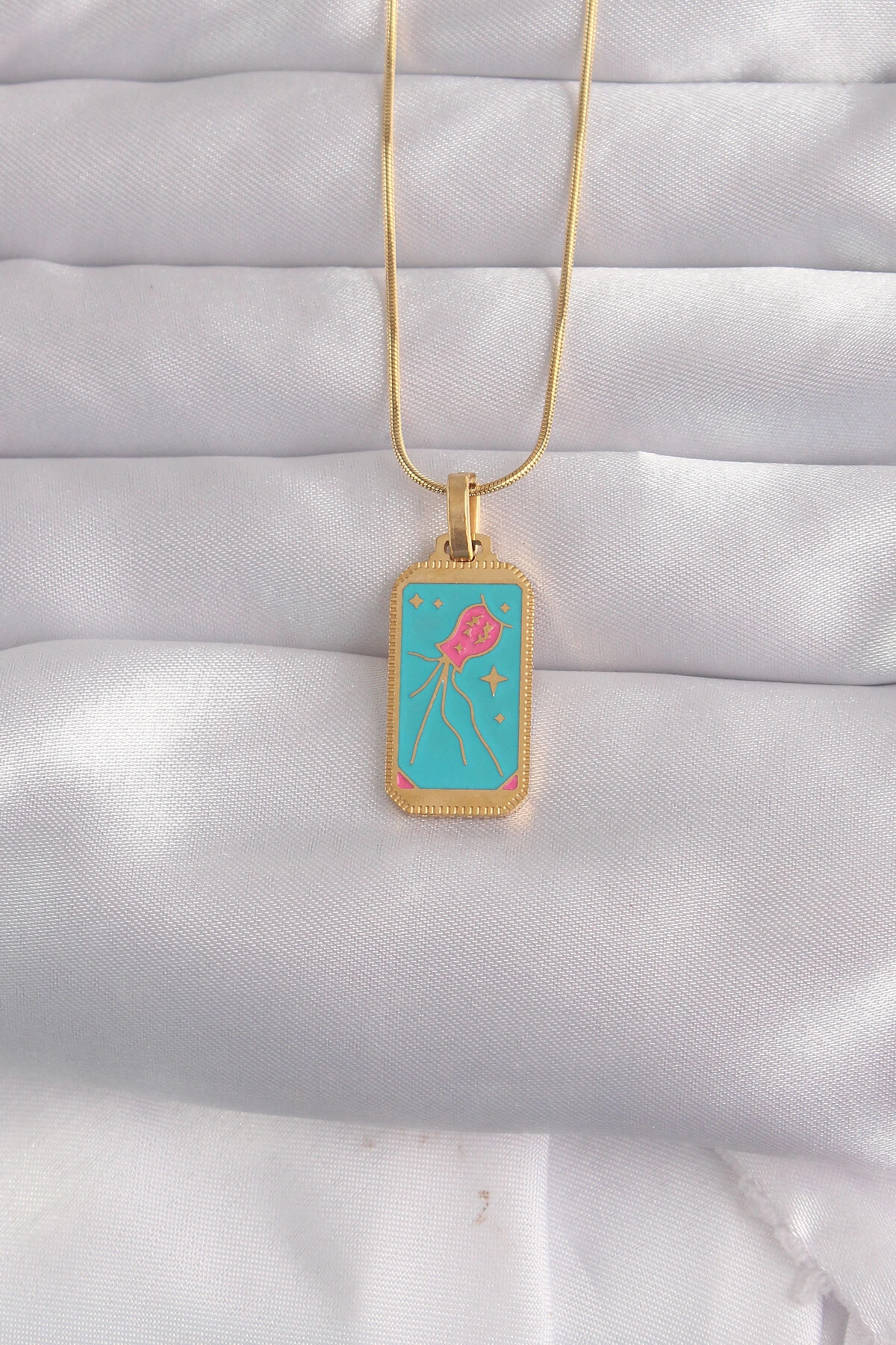 316L Çelik Gold Renk Mavi Mineli Tarot Kolye-0