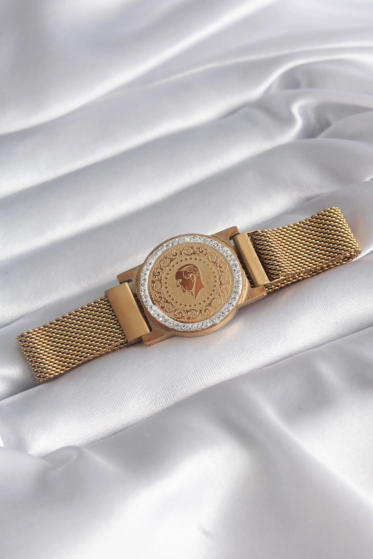 316L Çelik Gold Renk Mıknatıslı Hasır Zirkon Taşlı Çeyrek Altın Model Kadın Bileklik-0