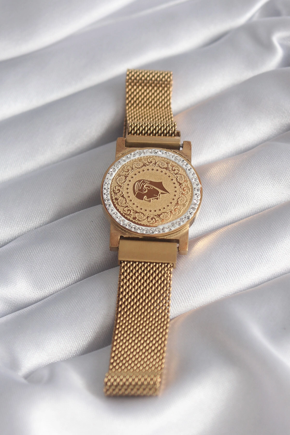 316L Çelik Gold Renk Mıknatıslı Hasır Zirkon Taşlı Çeyrek Altın Model Kadın Bileklik-1