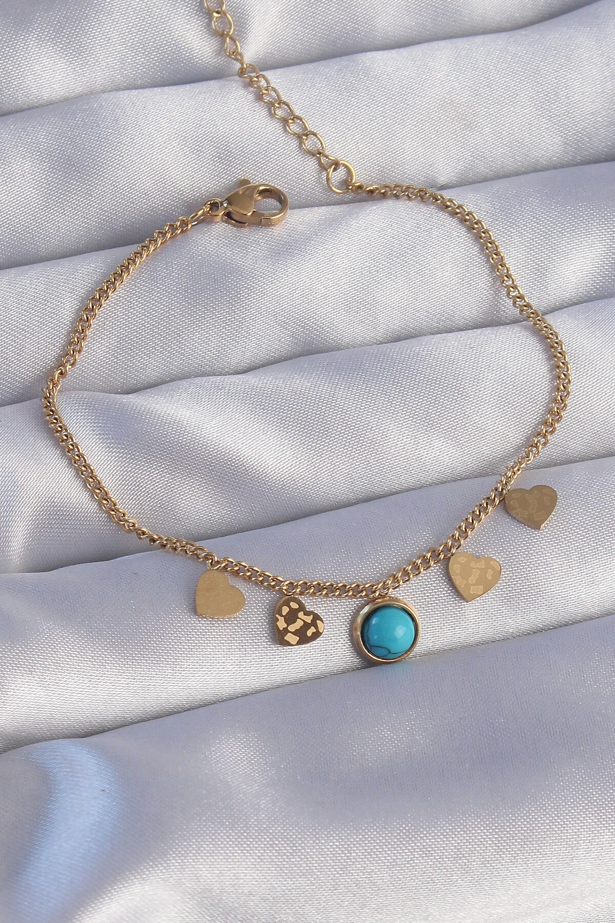 316L Çelik Gold Renk Minimal Kalpli Mavi Taş Detaylı Bileklik-0