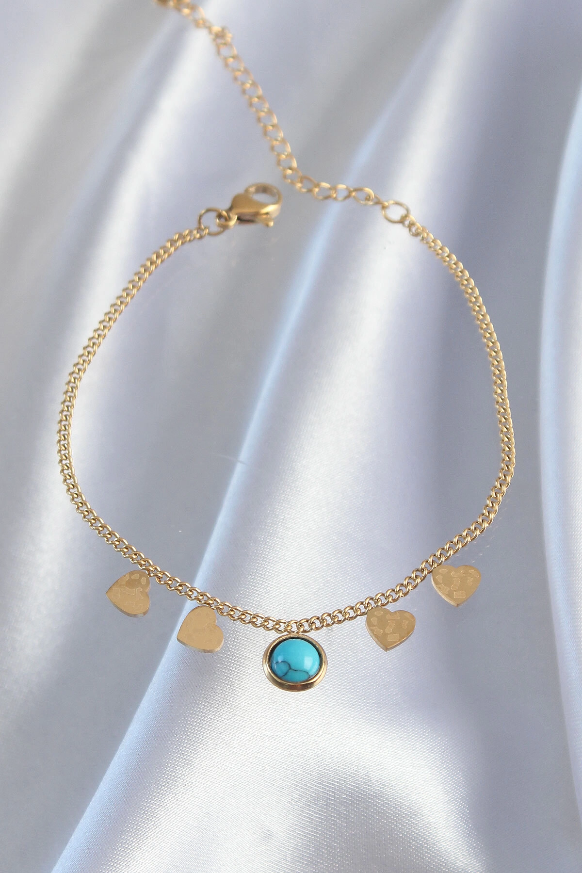 316L Çelik Gold Renk Minimal Kalpli Mavi Taş Detaylı Bileklik-1