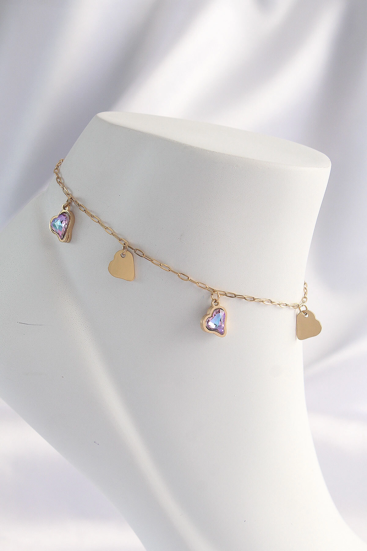 316L Çelik Gold Renk Minimal Renkli Zirkon Taşlı Kalp Halhal-0