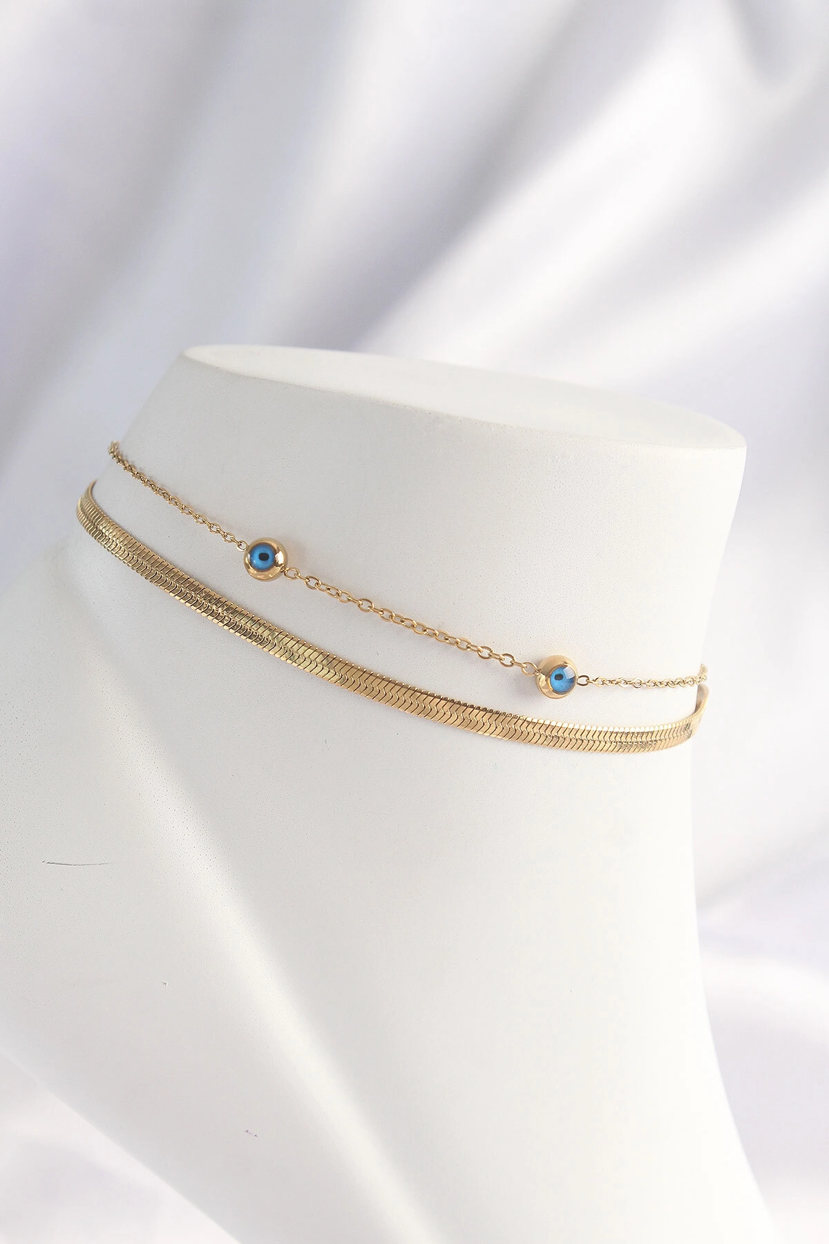 316L Çelik Gold Renk Nazar Boncuk Tasarımlı 2li Halhal-0