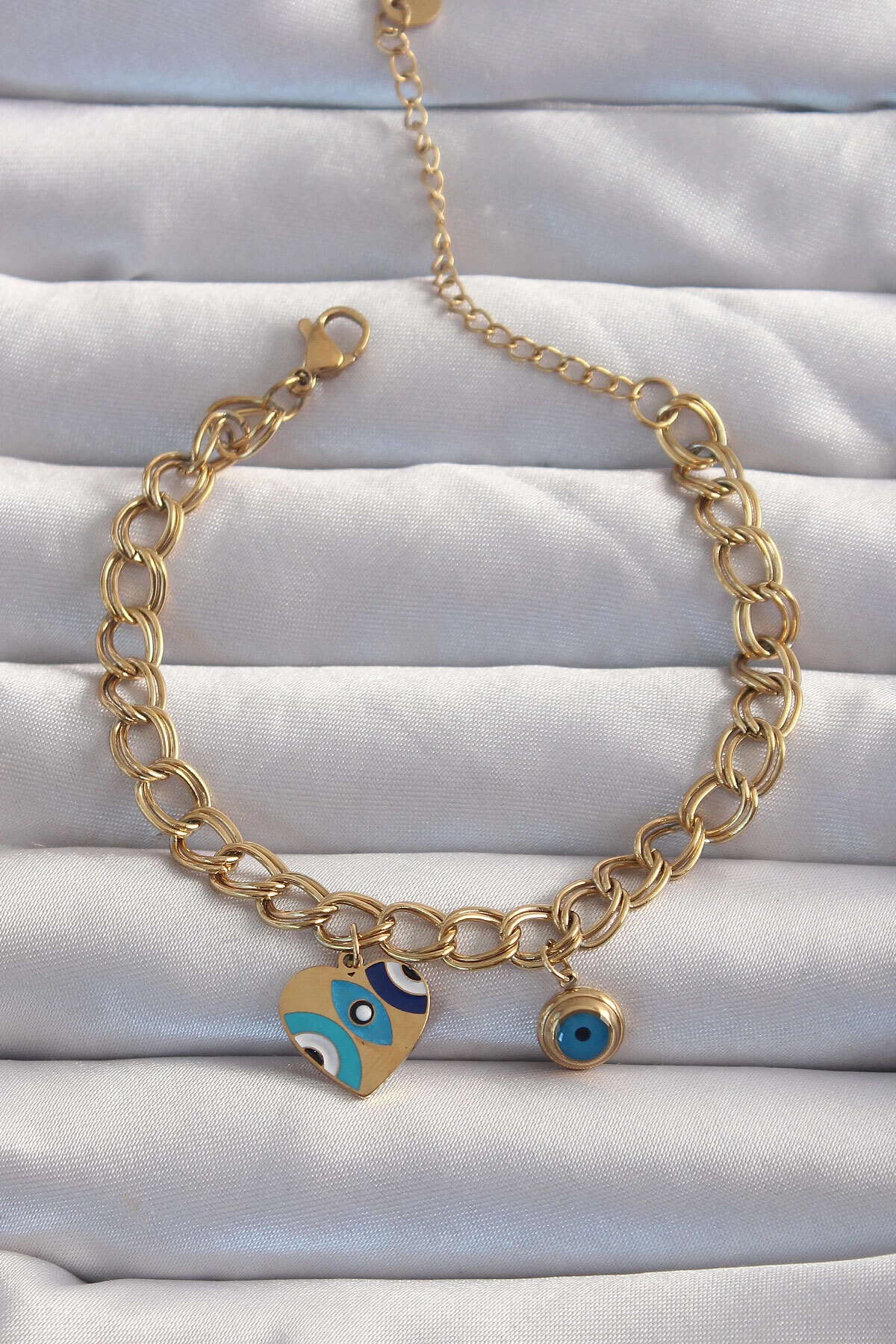 316L Çelik Gold Renk Nazarlı Kalp Model Zincir Bileklik-0