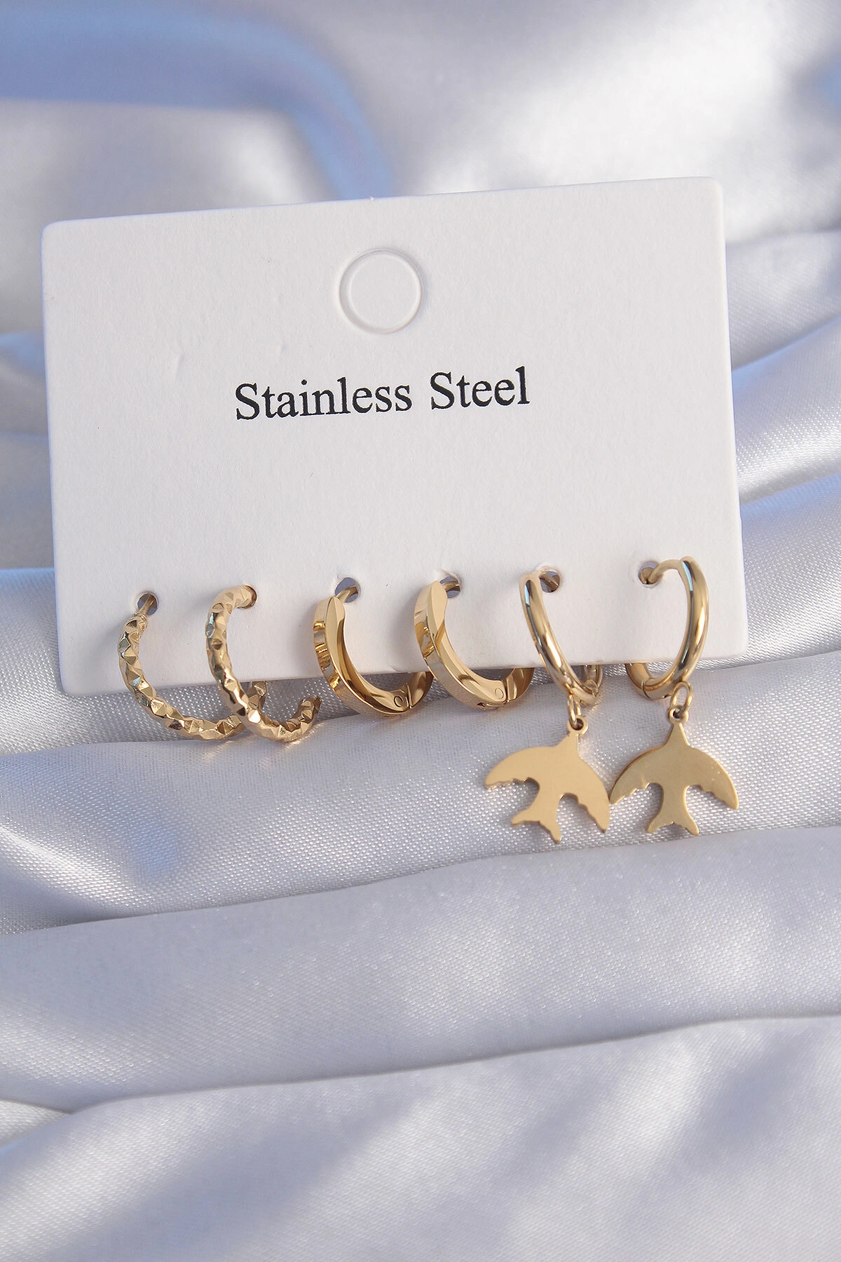 316L Çelik Gold Renk Oval Tasarım Kuş Model Küpe Seti-0