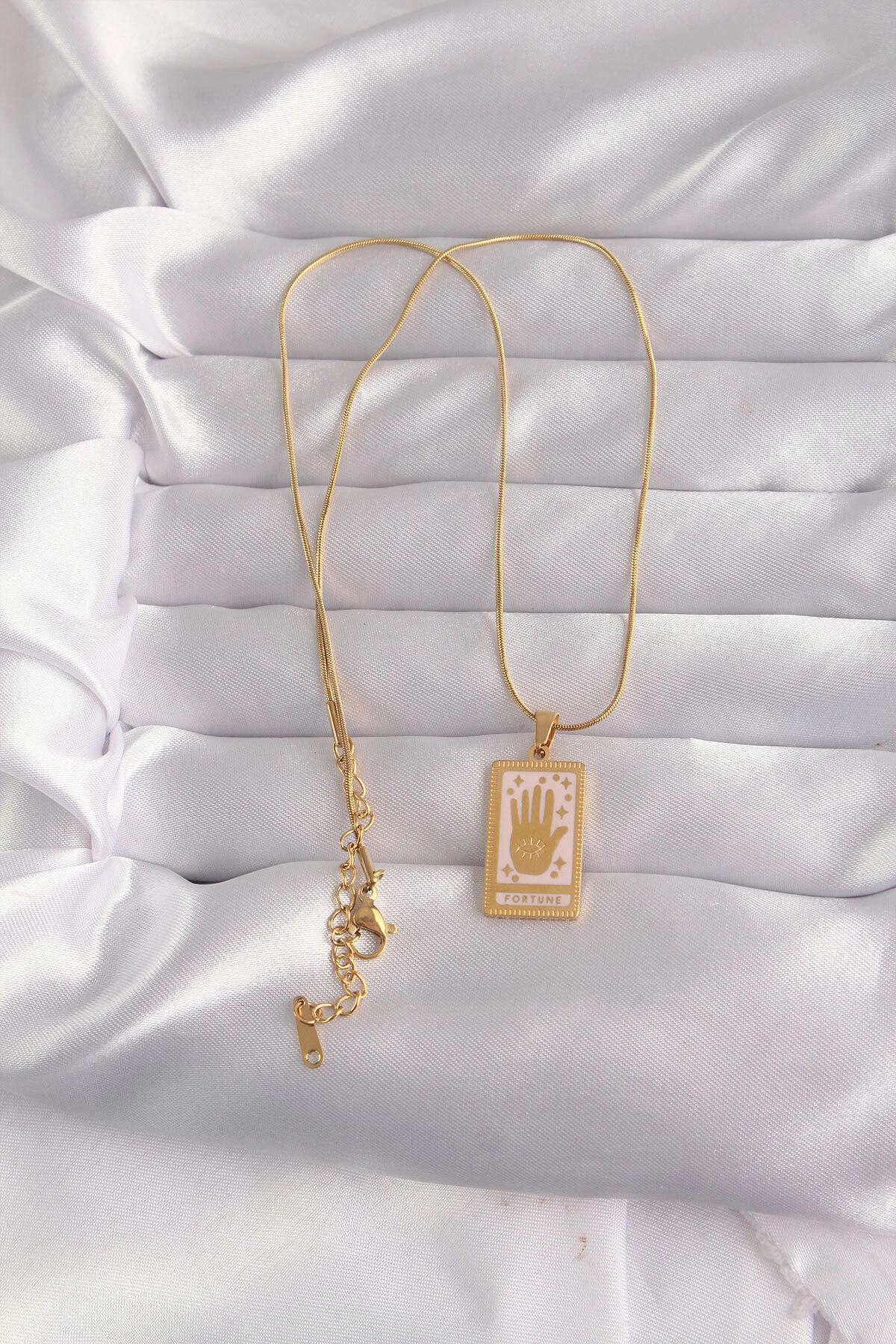 316L Çelik Gold Renk Pembe Mineli El Figür Tarot Kolye-1