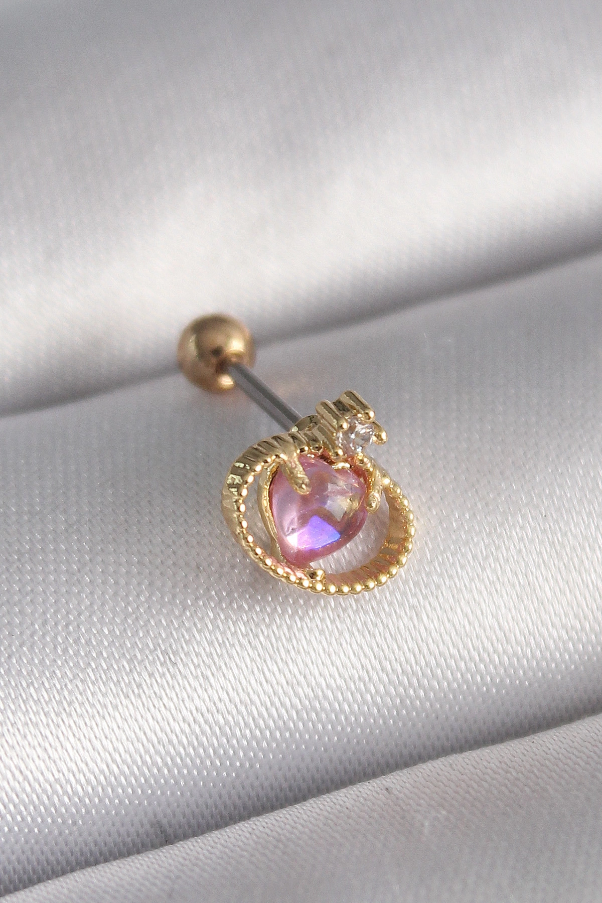 316L Çelik Gold Renk Pembe Mineli Kalp Zirkon Taş Detay Tragus Piercing-0