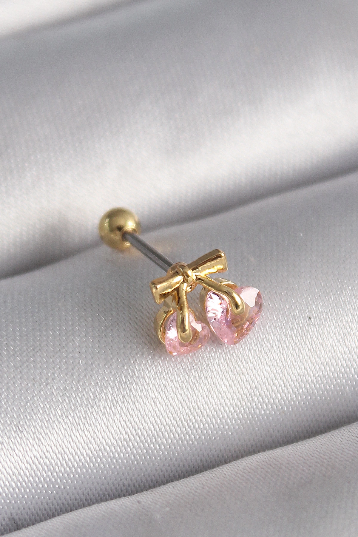 316L Çelik Gold Renk Pembe Zirkon Taşlı Kalp Tragus Piercing-0