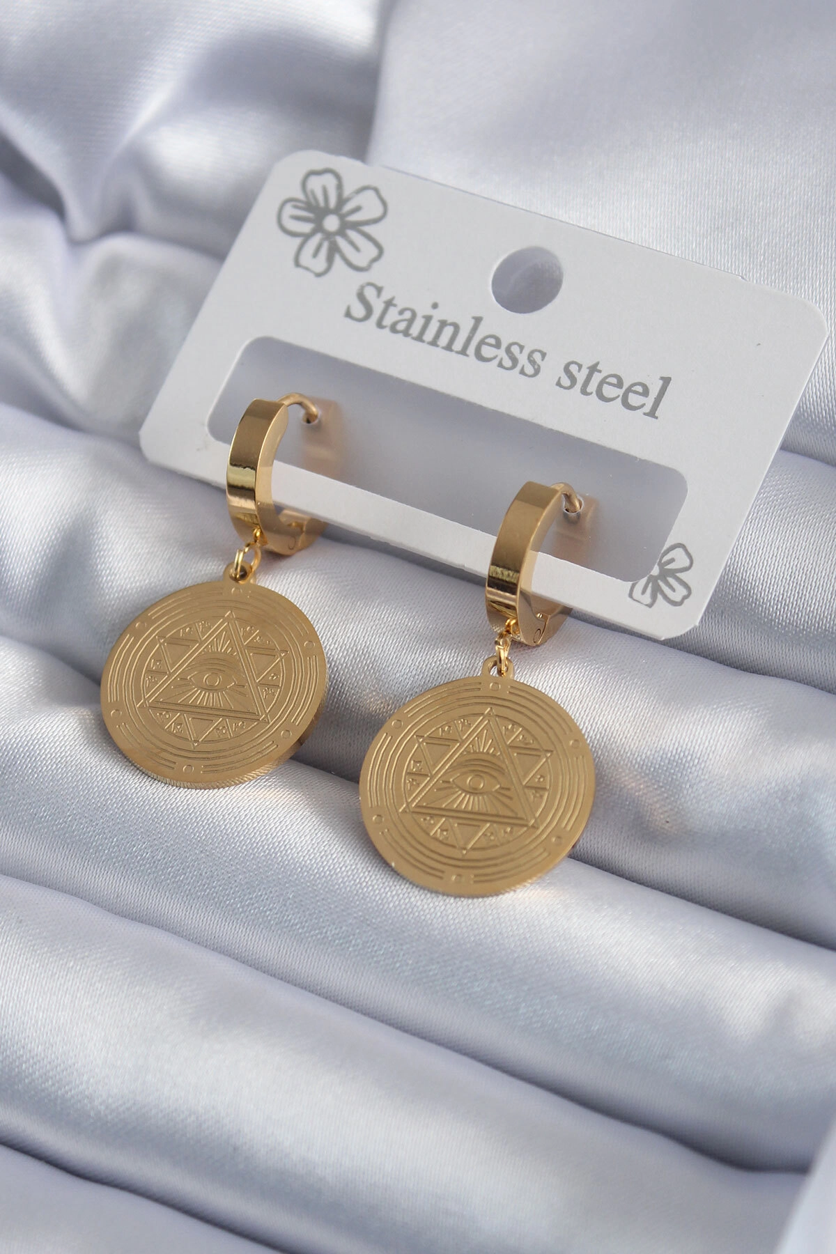 316L Çelik Gold Renk Pentagram İşleme Model Kadın Küpe-0