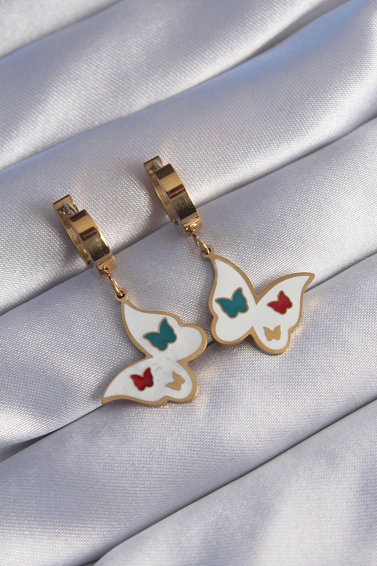 316L Çelik Gold Renk Renkli Mineli Kelebek Küpe-0