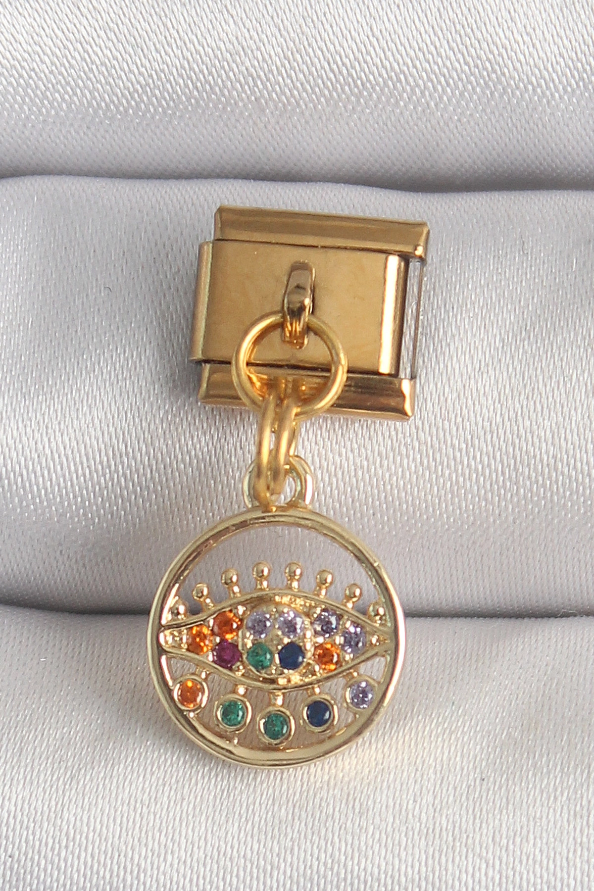 316L Çelik Gold Renk Sallantı Renkli Zirkon Taşlı Göz Model Nomination Charm-0