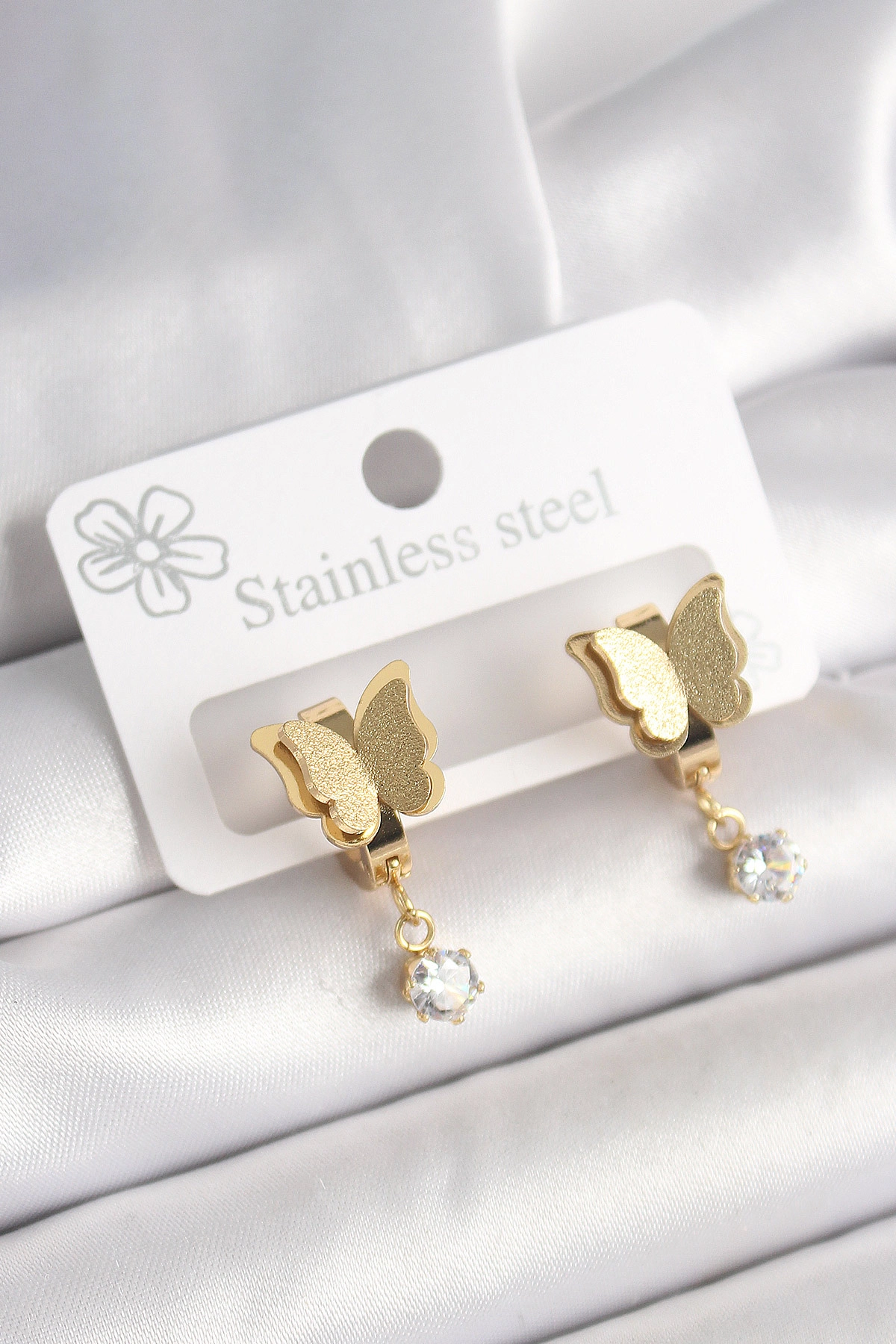316L Çelik Gold Renk Sallantı Zirkon Taş Detaylı Simli Kelebek Model Kadın Küpe-0
