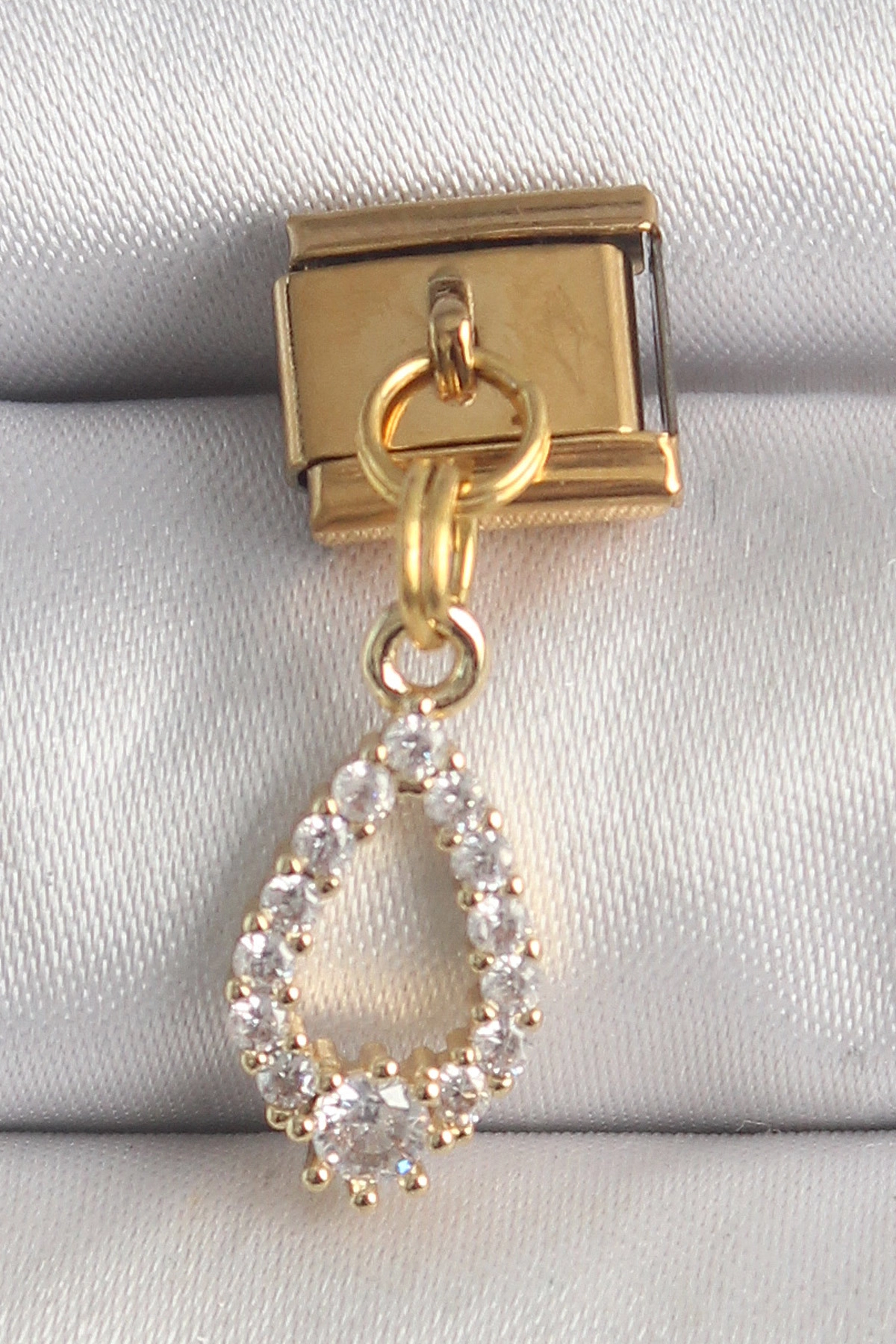 316L Çelik Gold Renk Sallantı Zirkon Taşlı Damla Model Nomination Charm-0
