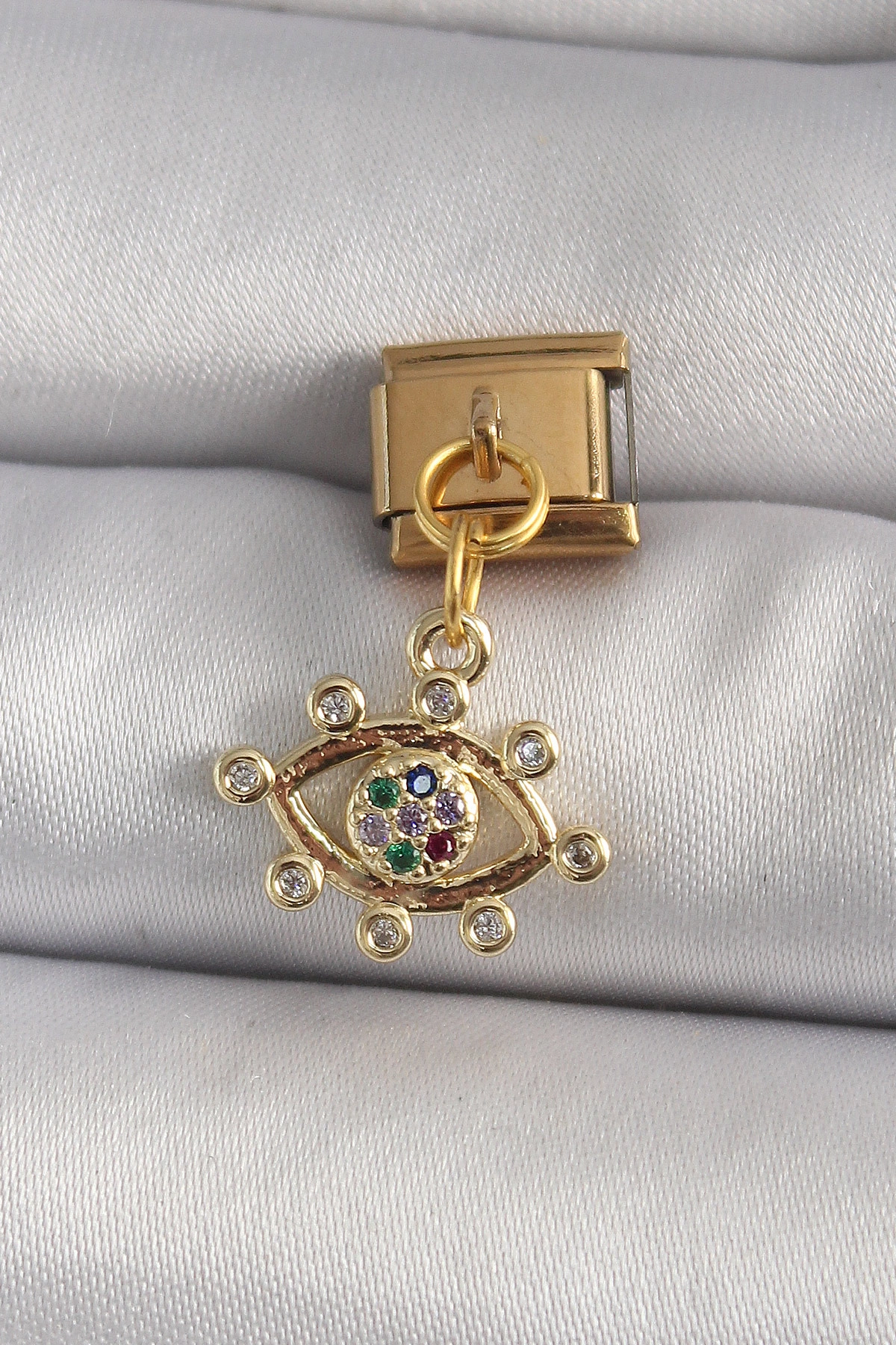 316L Çelik Gold Renk Sallantı Zirkon Taşlı Göz Model Nomination Charm-0