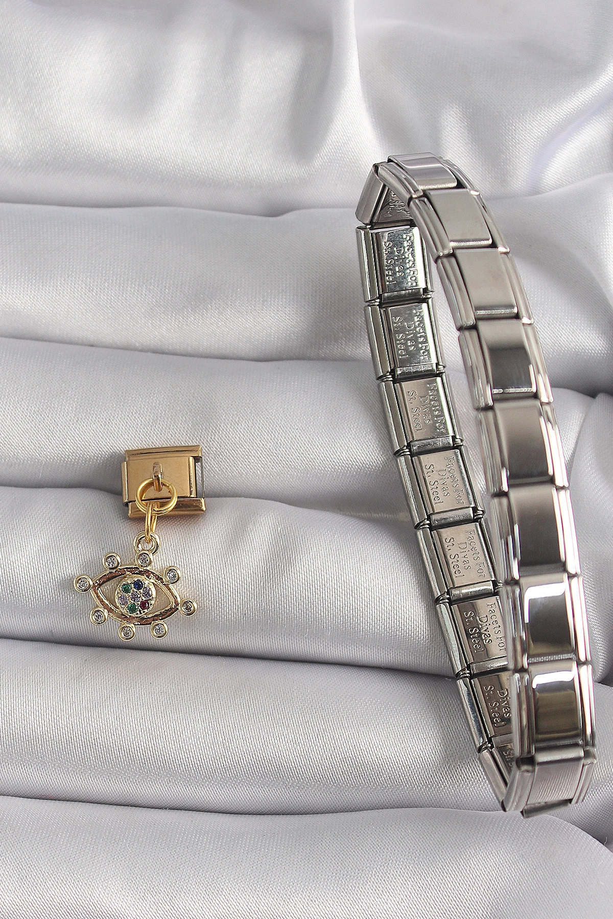 316L Çelik Gold Renk Sallantı Zirkon Taşlı Göz Model Nomination Charm-1