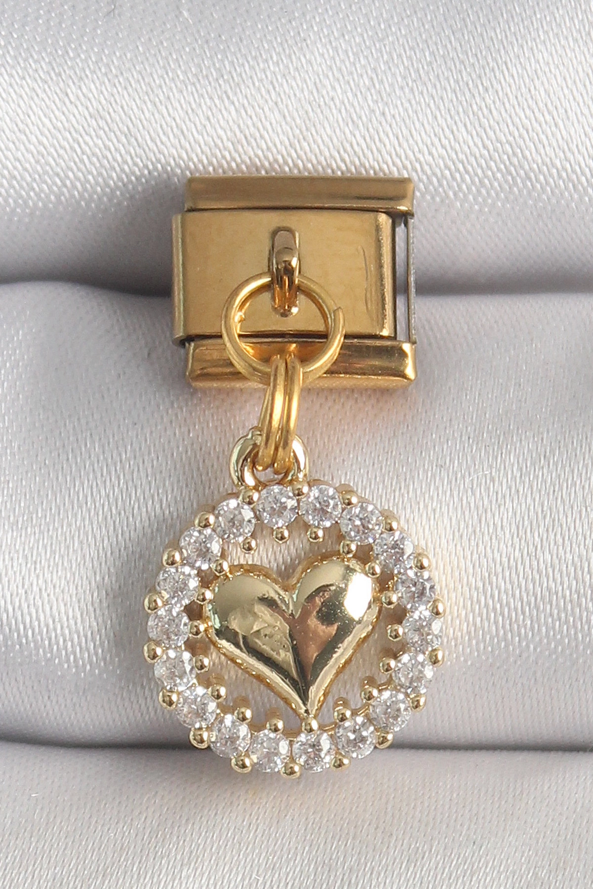 316L Çelik Gold Renk Sallantı Zirkon Taşlı Kalp Model Nomination Charm-0