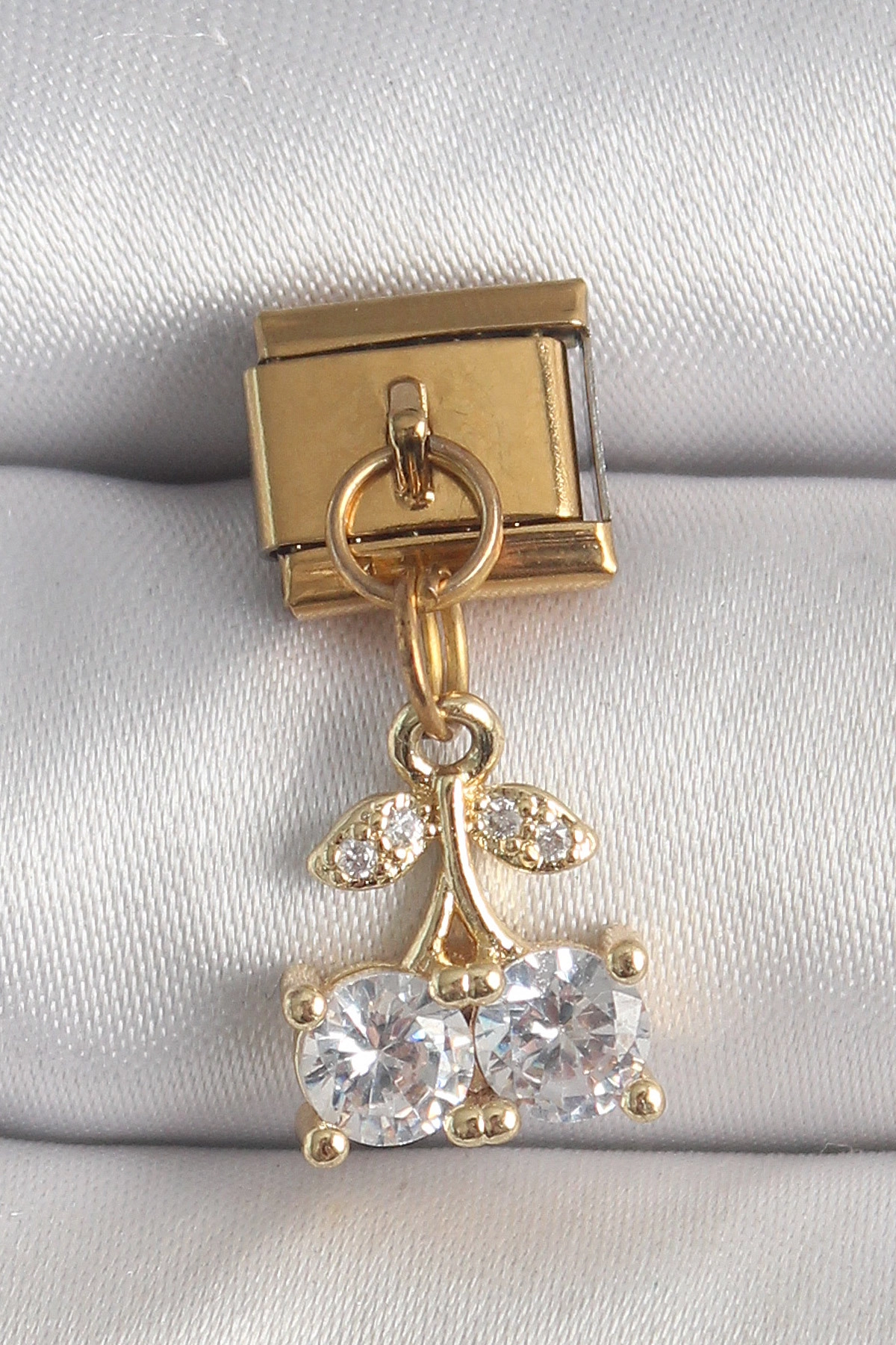 316L Çelik Gold Renk Sallantı Zirkon Taşlı Kiraz Model Nomination Charm-0