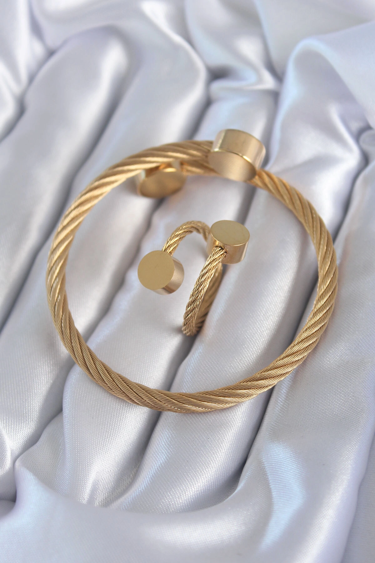 316L Çelik Gold Renk Sarmal Model Erkek Bileklik Yüzük Kombini-0