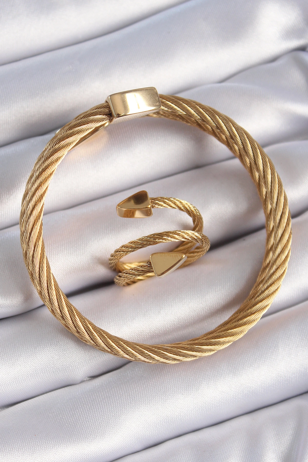 316L Çelik Gold Renk Sarmal Model Erkek Bileklik Yüzük Kombini-0