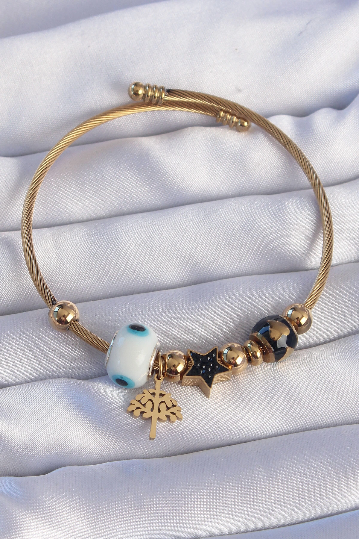 316L Çelik Gold Renk Siyah Zirkon Taşlı Yıldız Tasarımlı Ağaç Detay Nazarlı Charm Bileklik-0