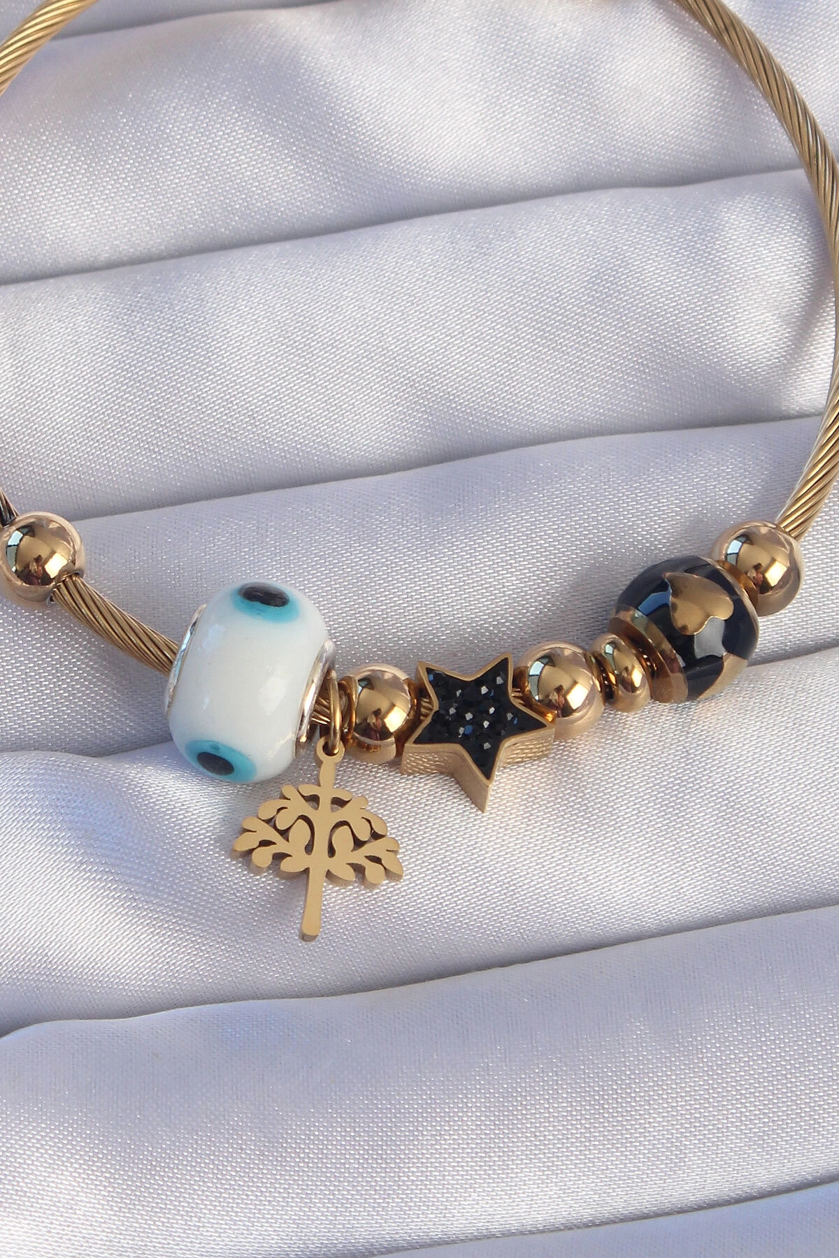 316L Çelik Gold Renk Siyah Zirkon Taşlı Yıldız Tasarımlı Ağaç Detay Nazarlı Charm Bileklik-1