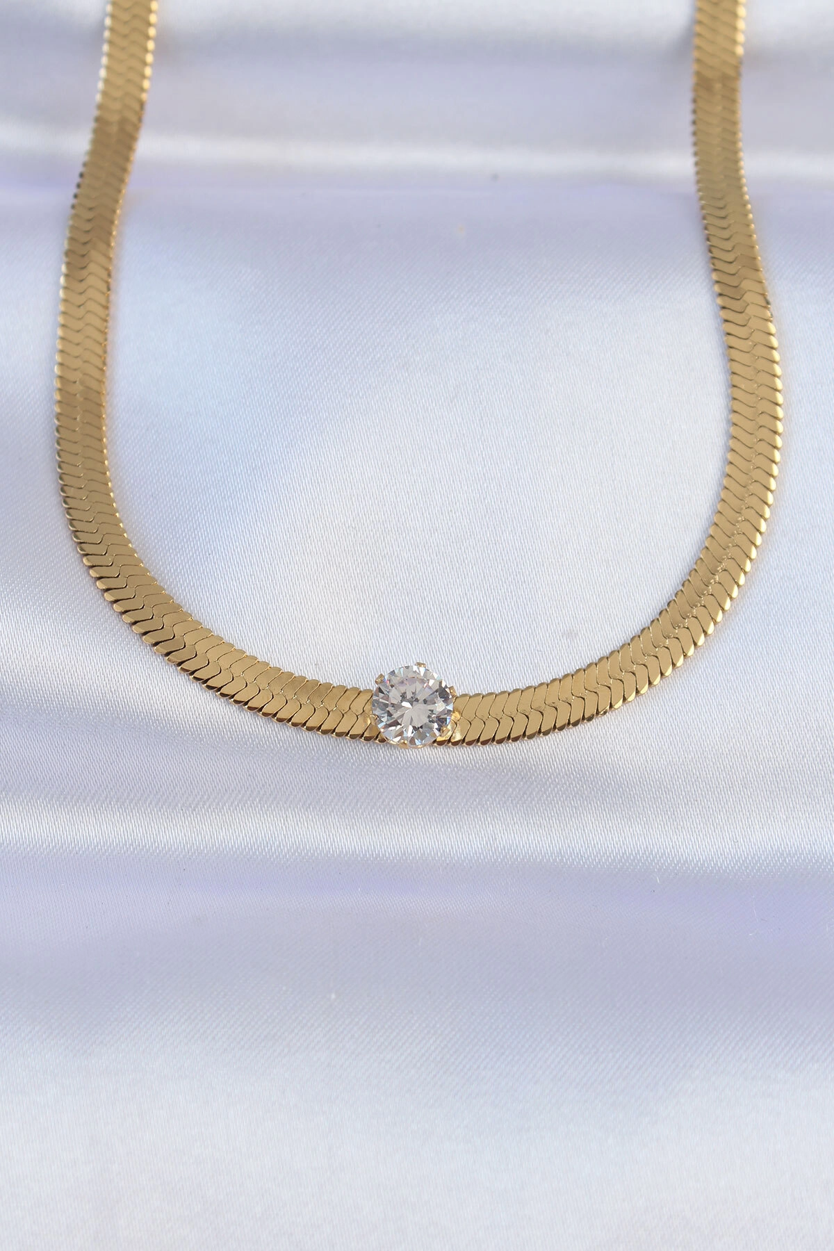 316L Çelik Gold Renk Tek Zirkon Taşlı İtalyan Zincir Kolye-0