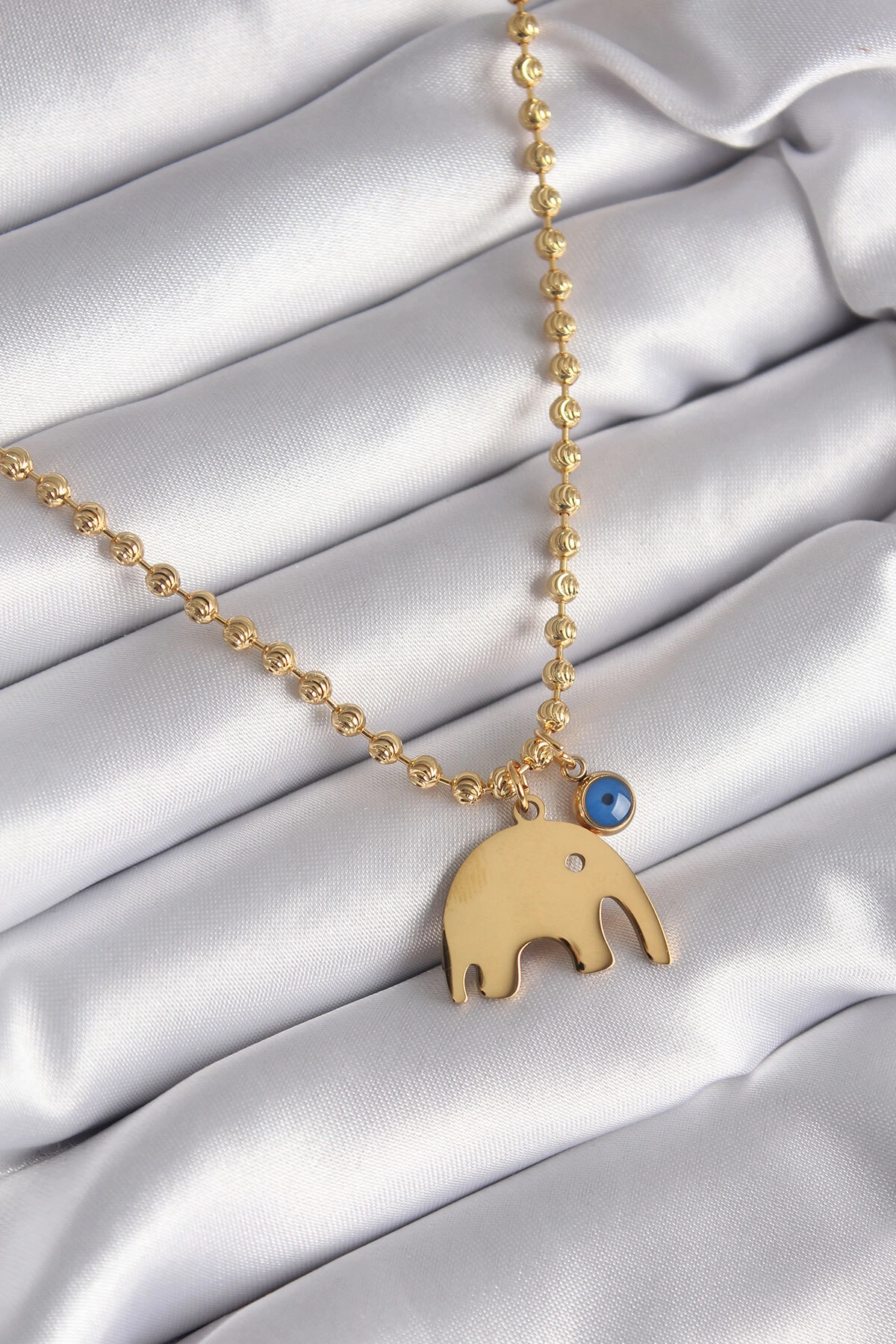 316L Çelik Gold Renk Top Zincir Model Fil Figür Nazar Boncuk Detay Kadın Kolye-0