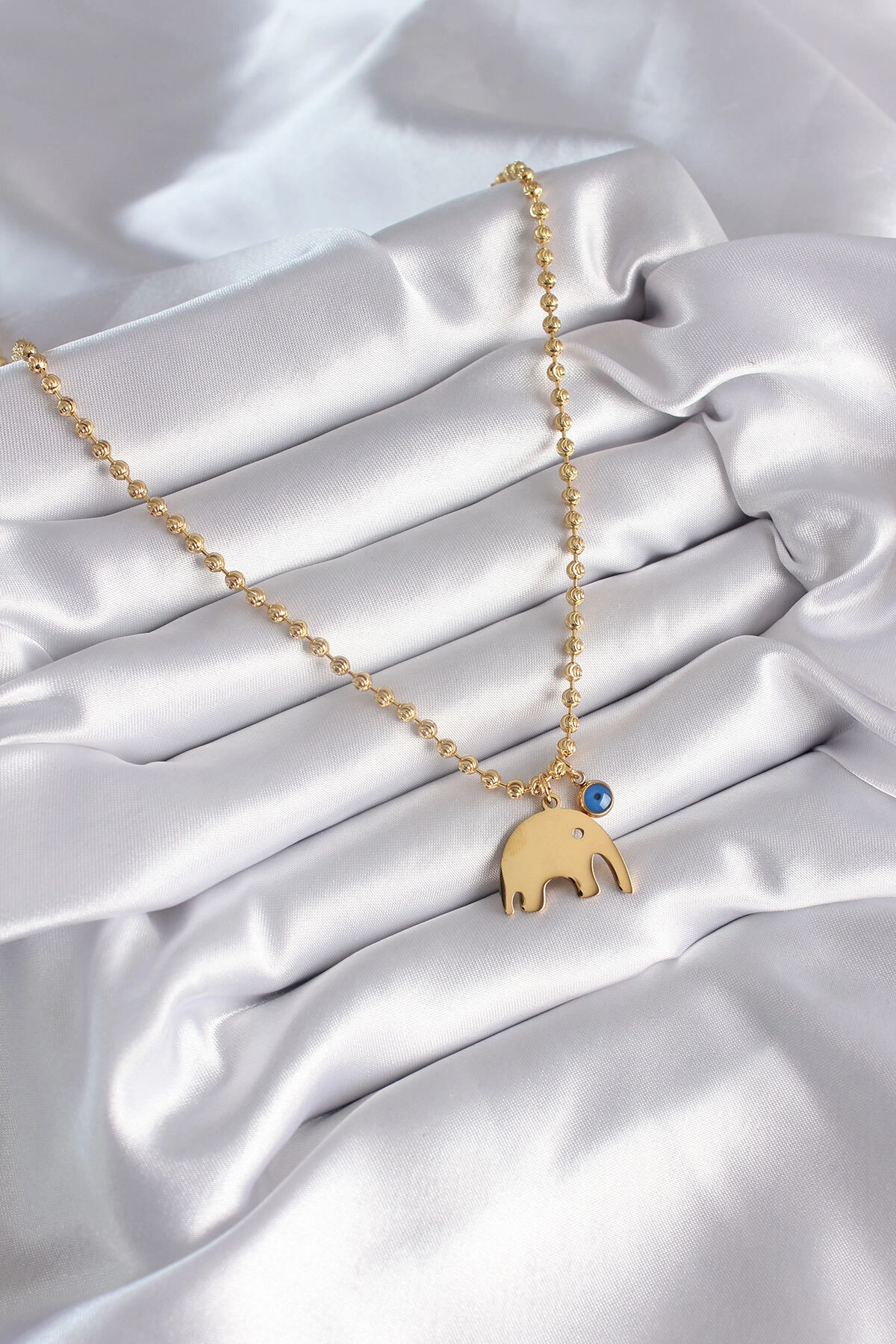 316L Çelik Gold Renk Top Zincir Model Fil Figür Nazar Boncuk Detay Kadın Kolye-1