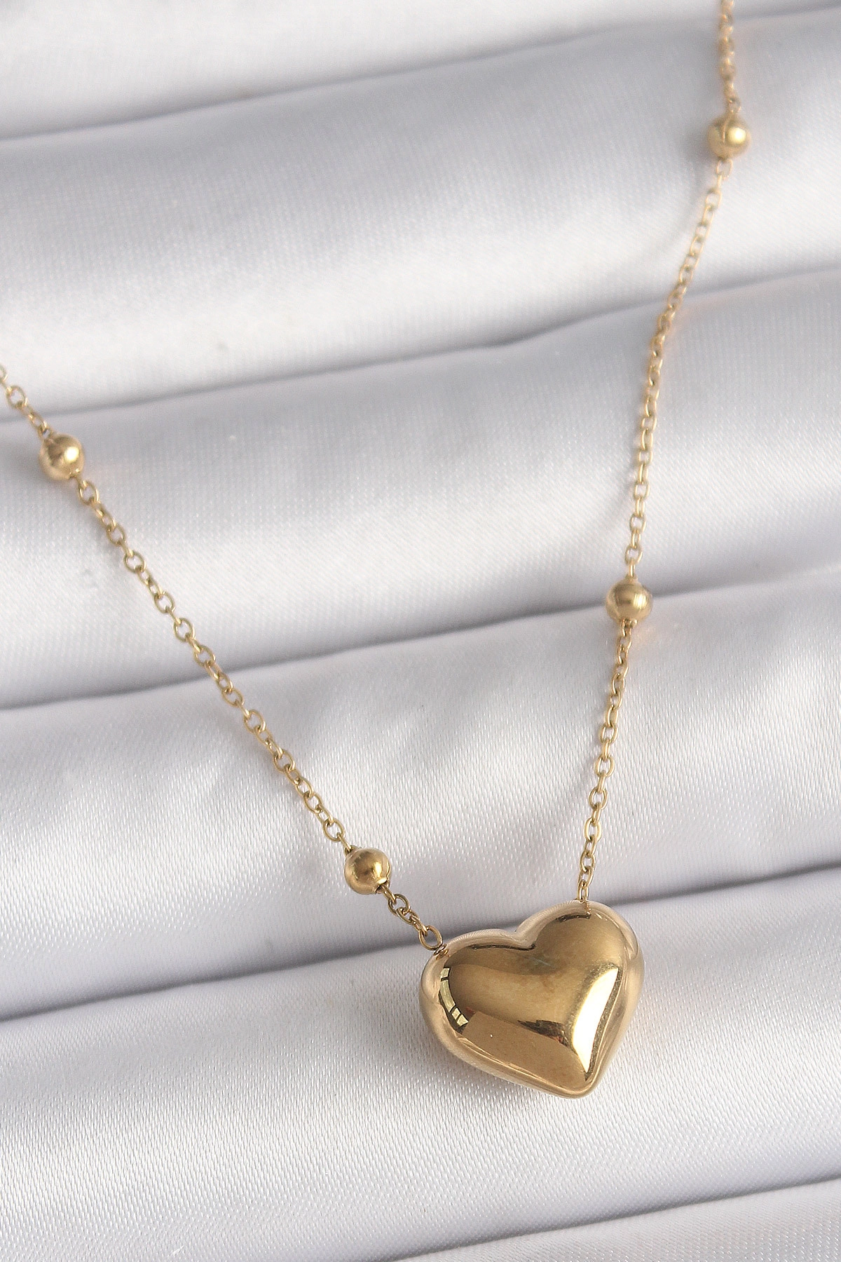 316L Çelik Gold Renk Topçuk Detaylı Zincir Kalp Model Kadın Kolye-0