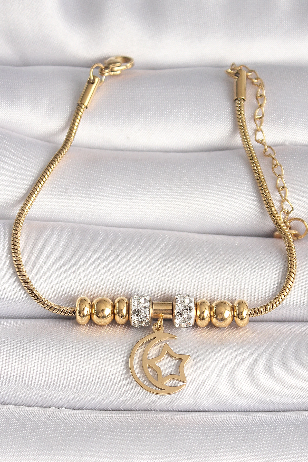 316L Çelik Gold Renk Tüp Zincir Zirkon Taş Detaylı Sallantı Ay Yıldız Figür Kadın Bileklik-0