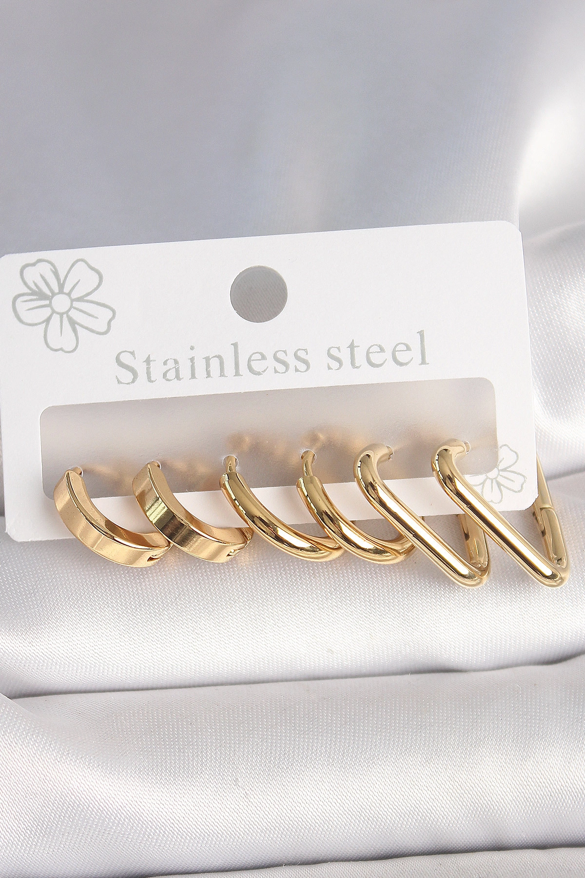 316L Çelik Gold Renk Üçgen Halka Model Kadın Küpe Seti-0